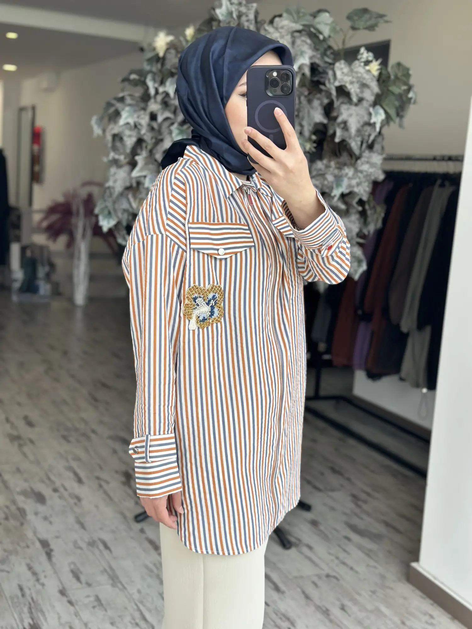 Kayra Fermuarlı Broş Detaylı Çizgili Ceket KA81070