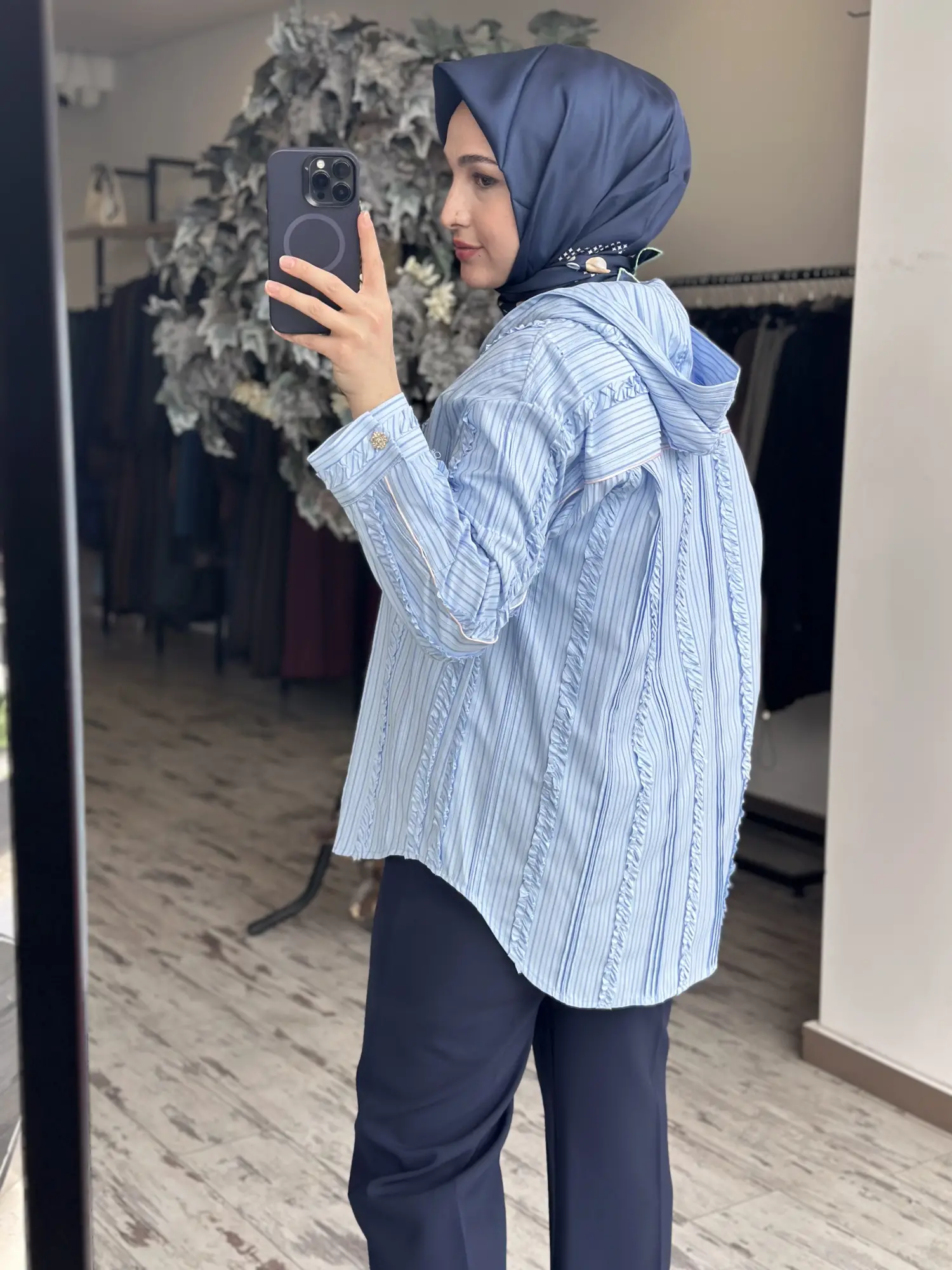 Ghisa Fırfırlı Kapüşonlu Çizgili Gömlek G4318