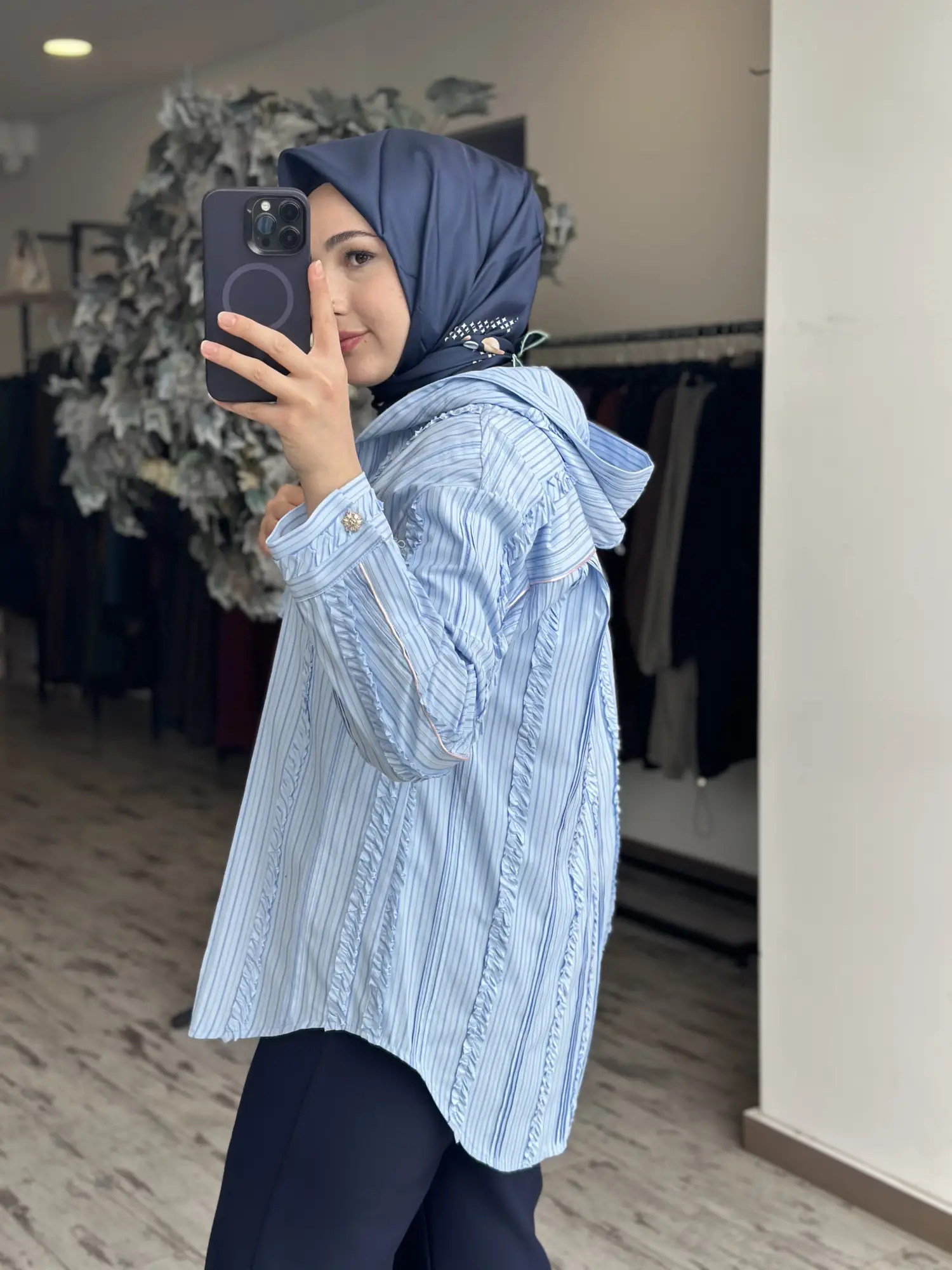Ghisa Fırfırlı Kapüşonlu Çizgili Gömlek G4318