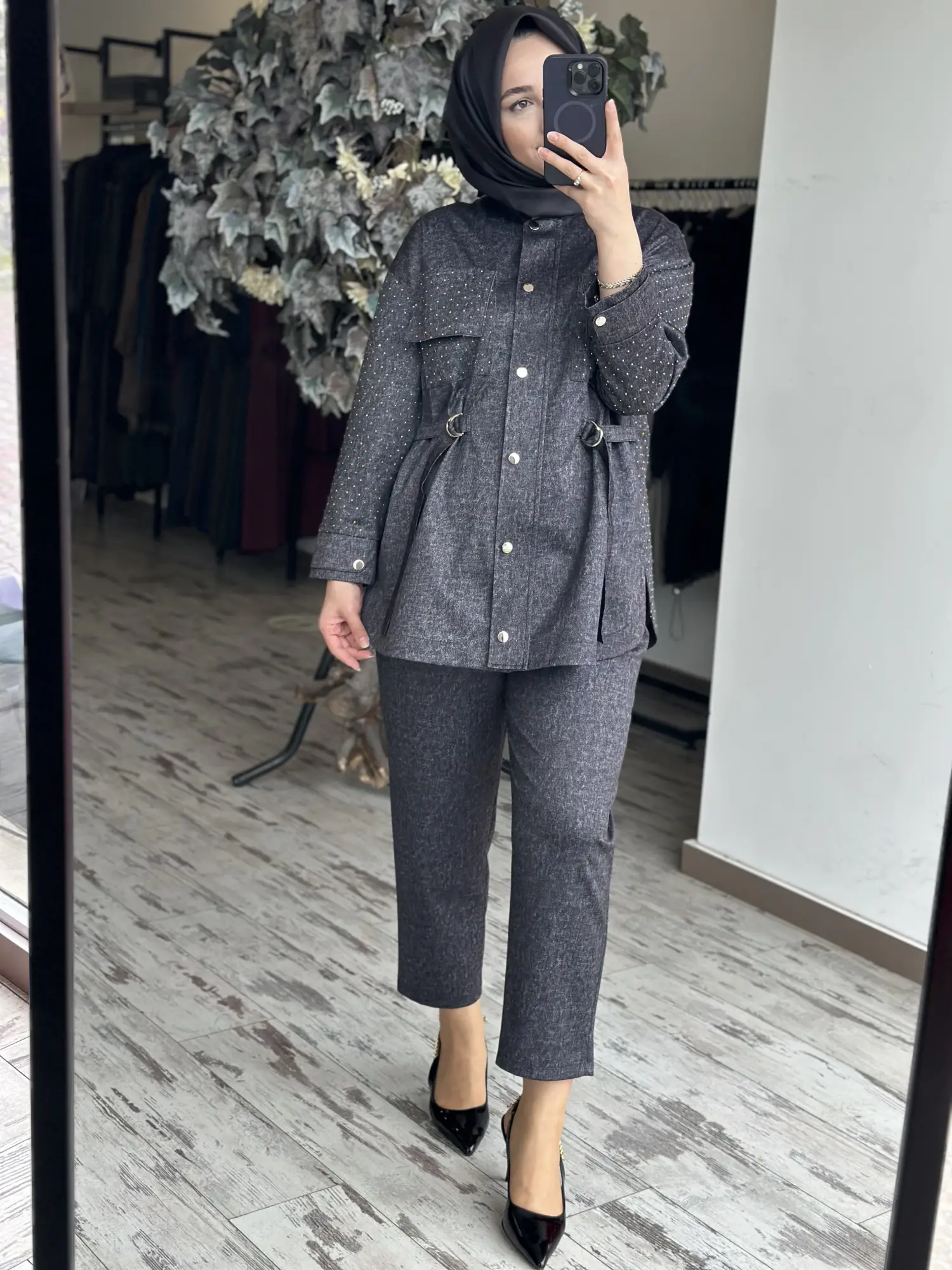 Ghisa Taş Baskılı Kot Görünümlü Kap Pantolon Takım G9186