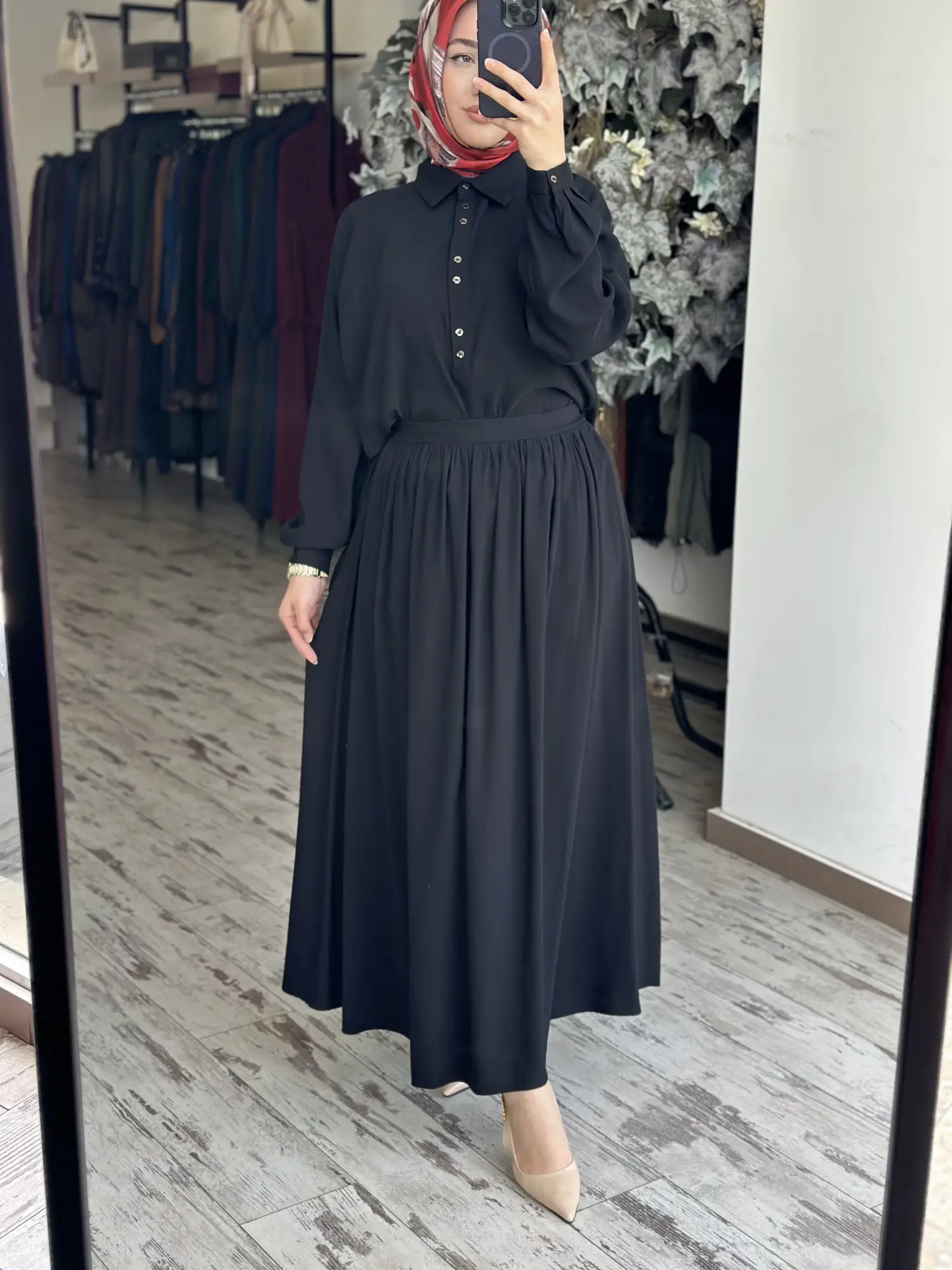 Almarwah Yarım Düğme Kapamalı Tencel Bluz Etek Takım 202994