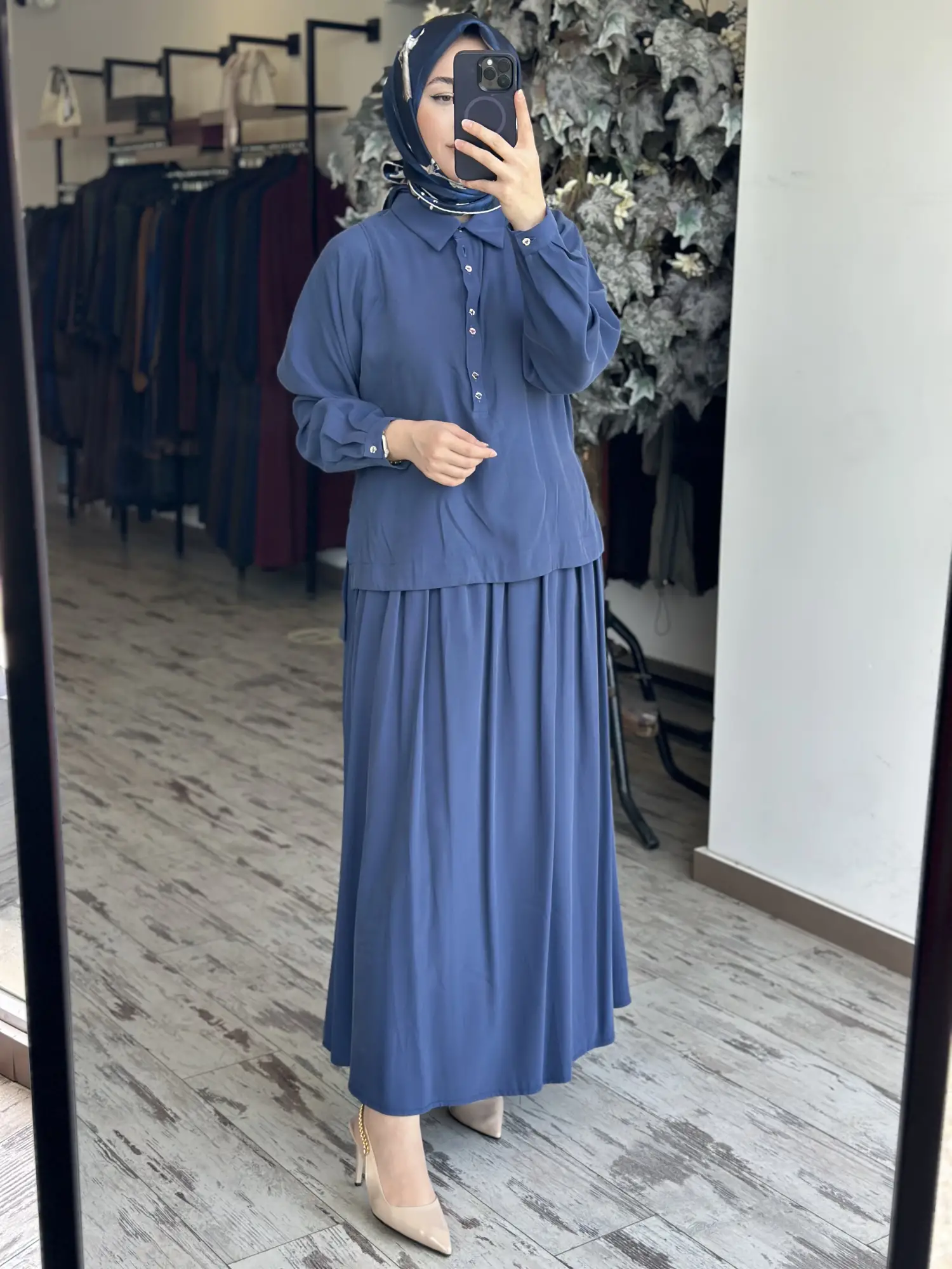 Almarwah Yarım Düğme Kapamalı Tencel Bluz Etek Takım 202994