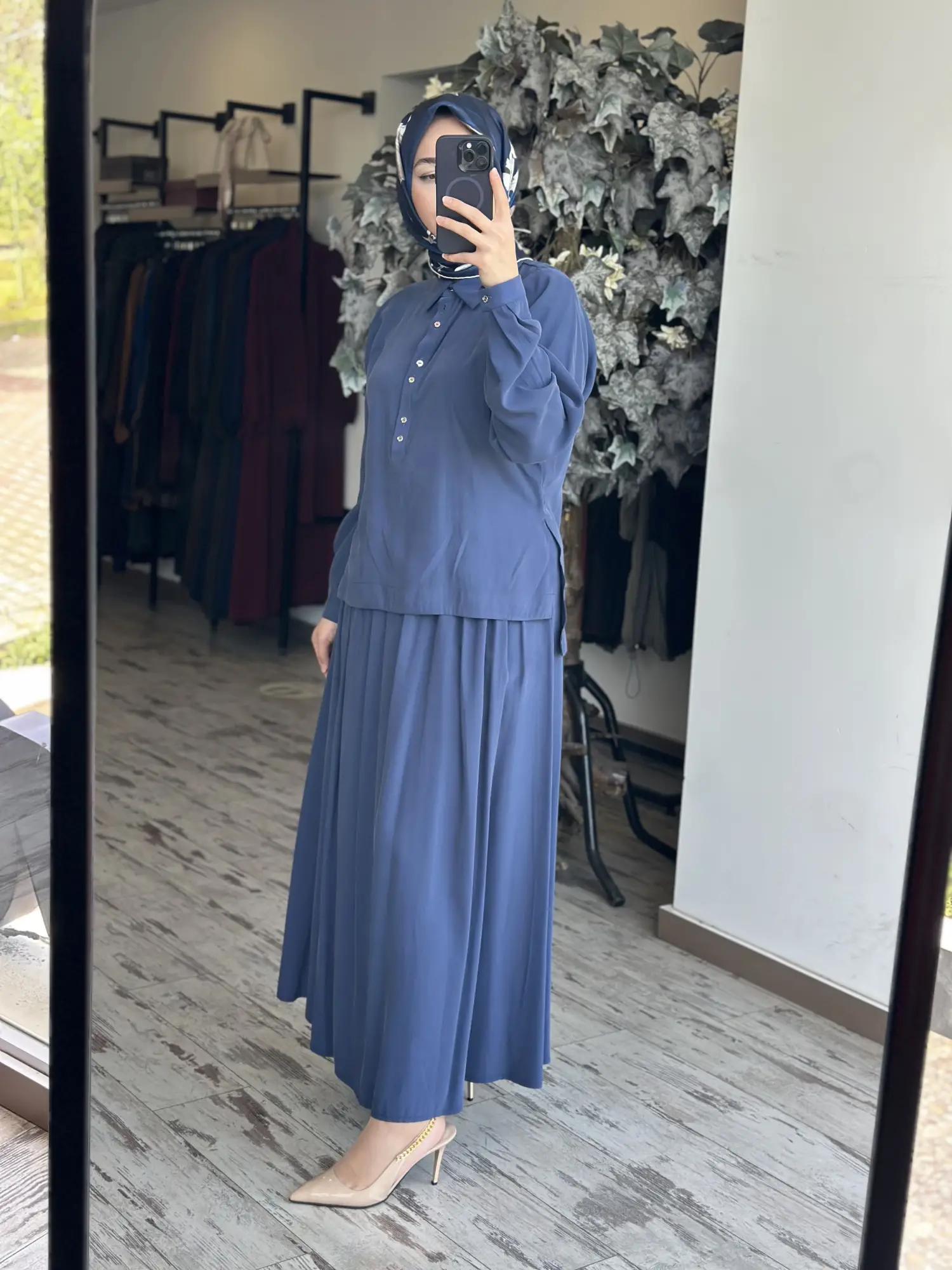 Almarwah Yarım Düğme Kapamalı Tencel Bluz Etek Takım 202994