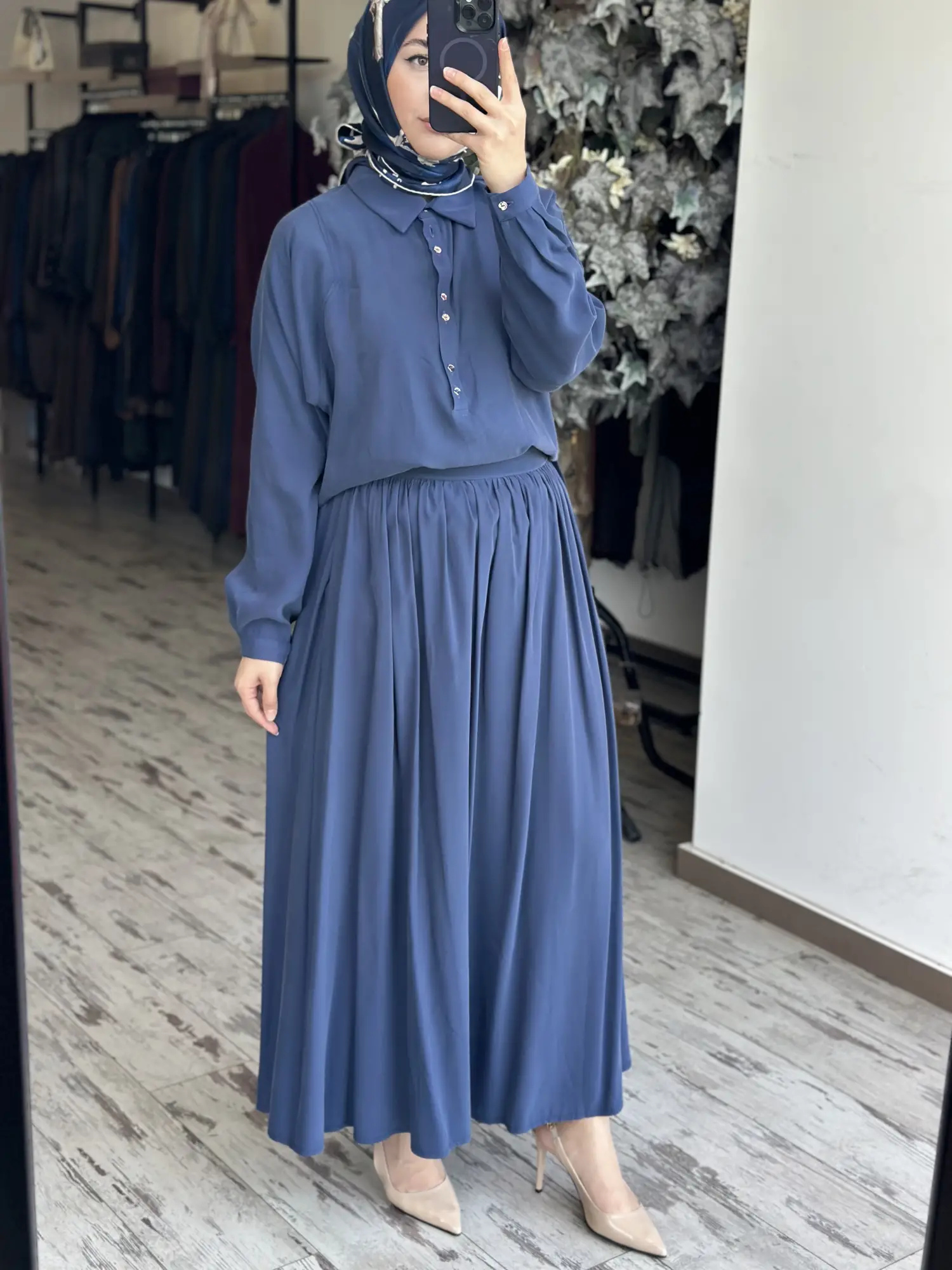 Almarwah Yarım Düğme Kapamalı Tencel Bluz Etek Takım 202994