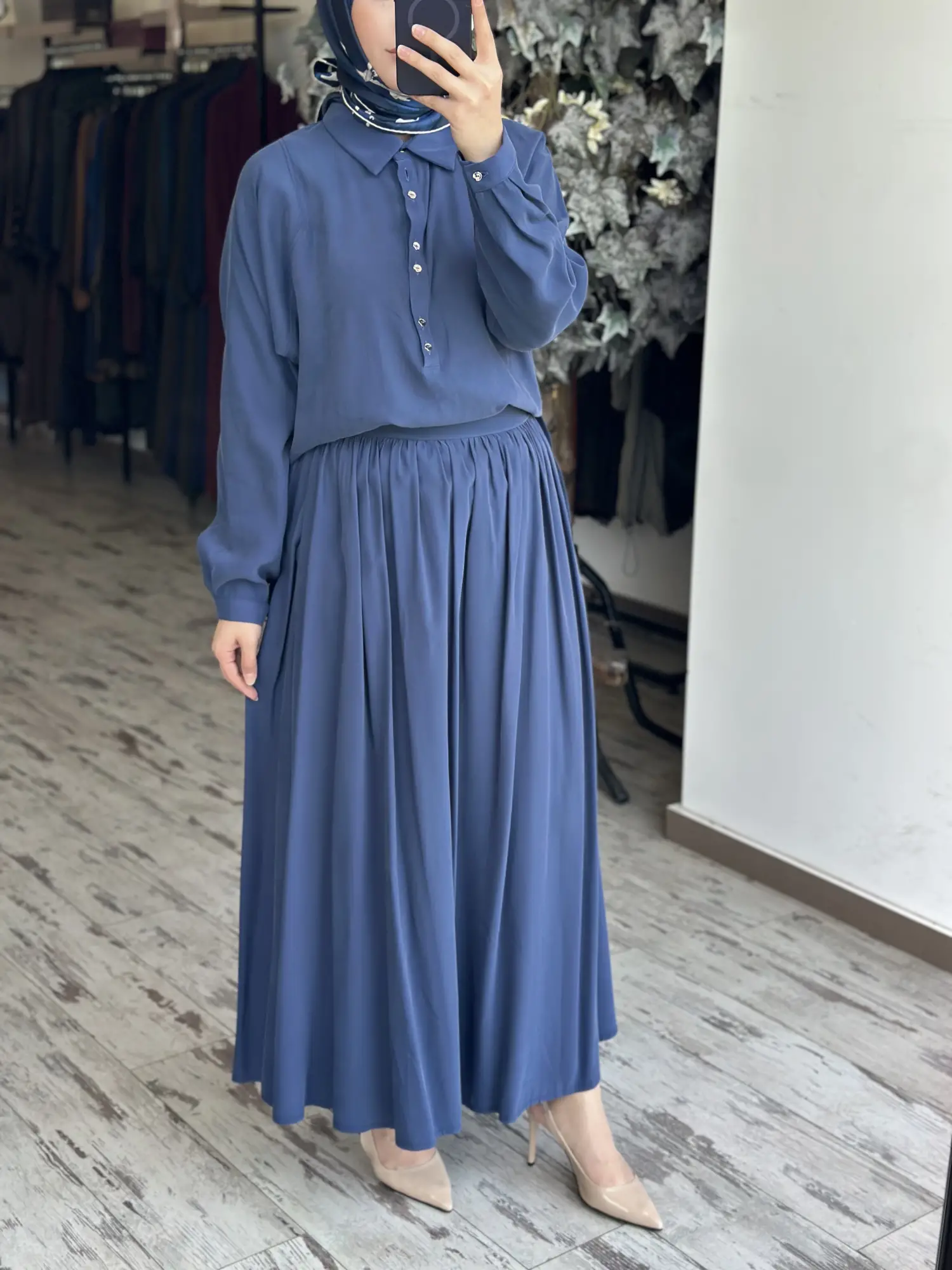 Almarwah Yarım Düğme Kapamalı Tencel Bluz Etek Takım 202994