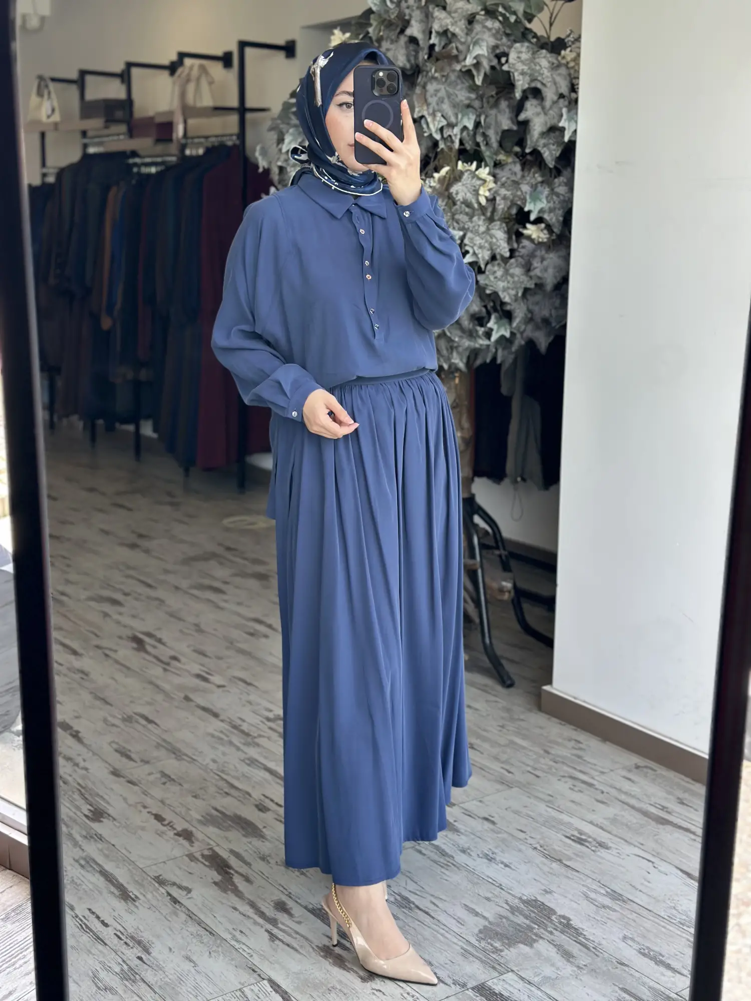 Almarwah Yarım Düğme Kapamalı Tencel Bluz Etek Takım 202994