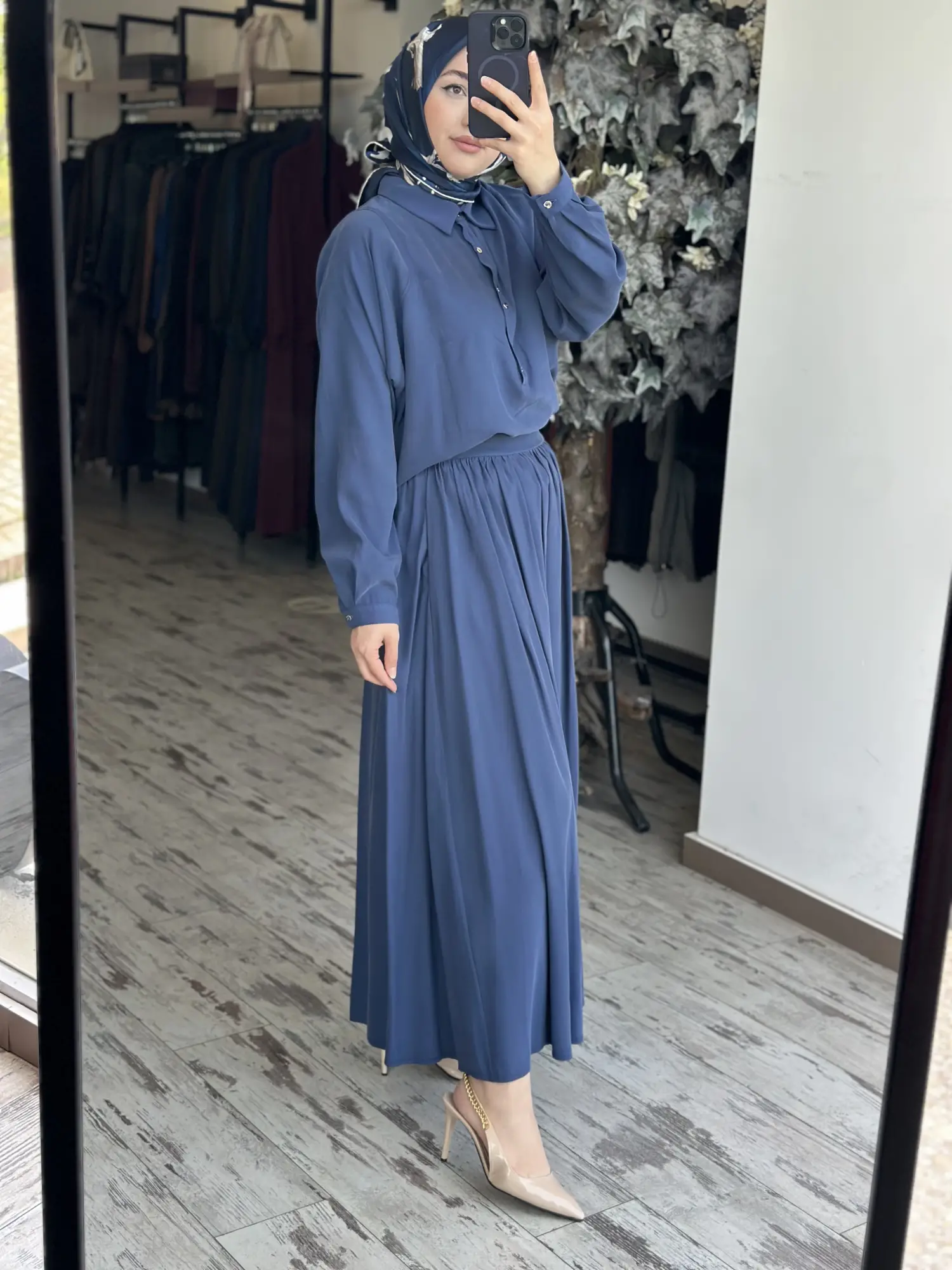 Almarwah Yarım Düğme Kapamalı Tencel Bluz Etek Takım 202994