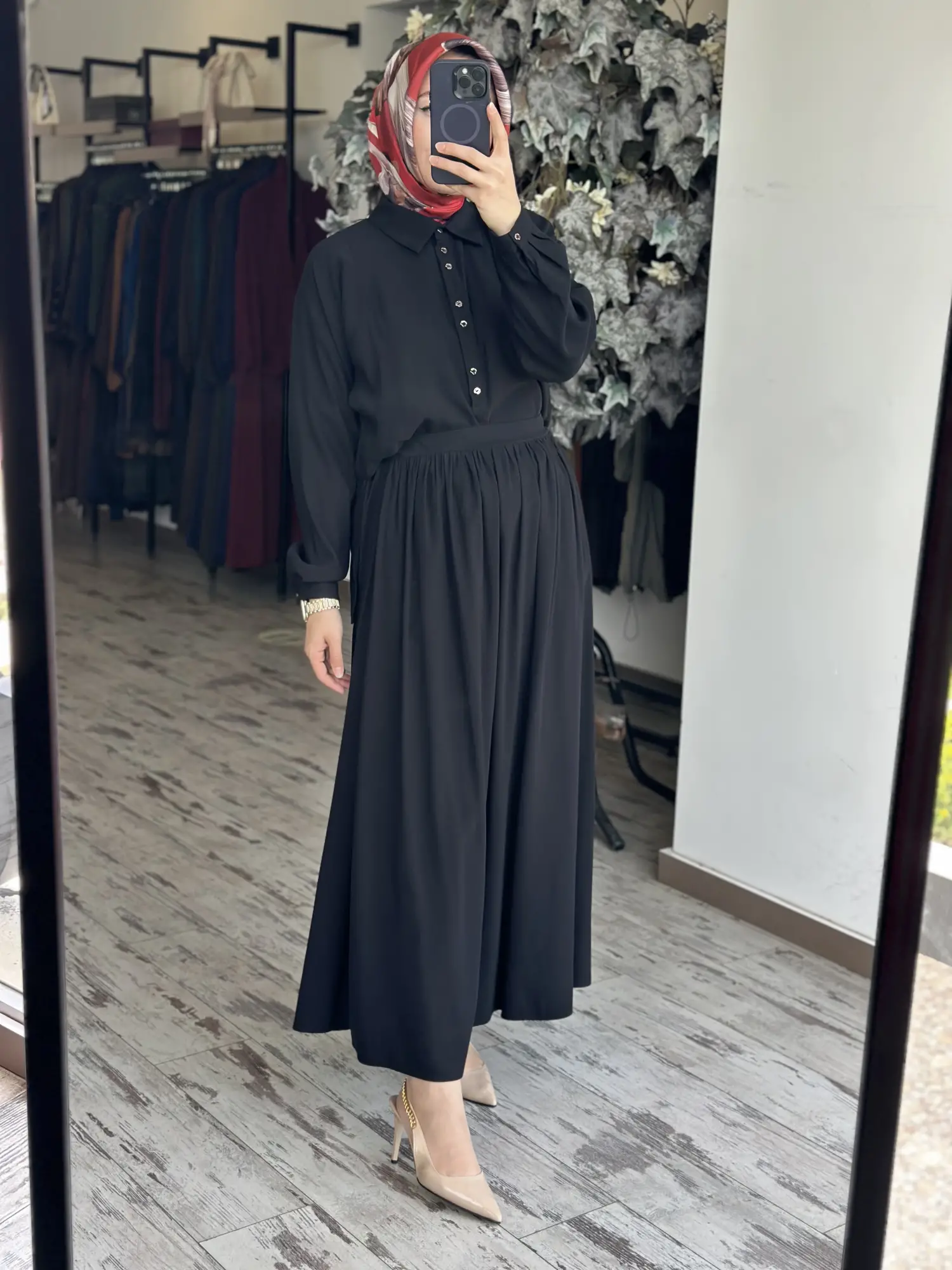 Almarwah Yarım Düğme Kapamalı Tencel Bluz Etek Takım 202994