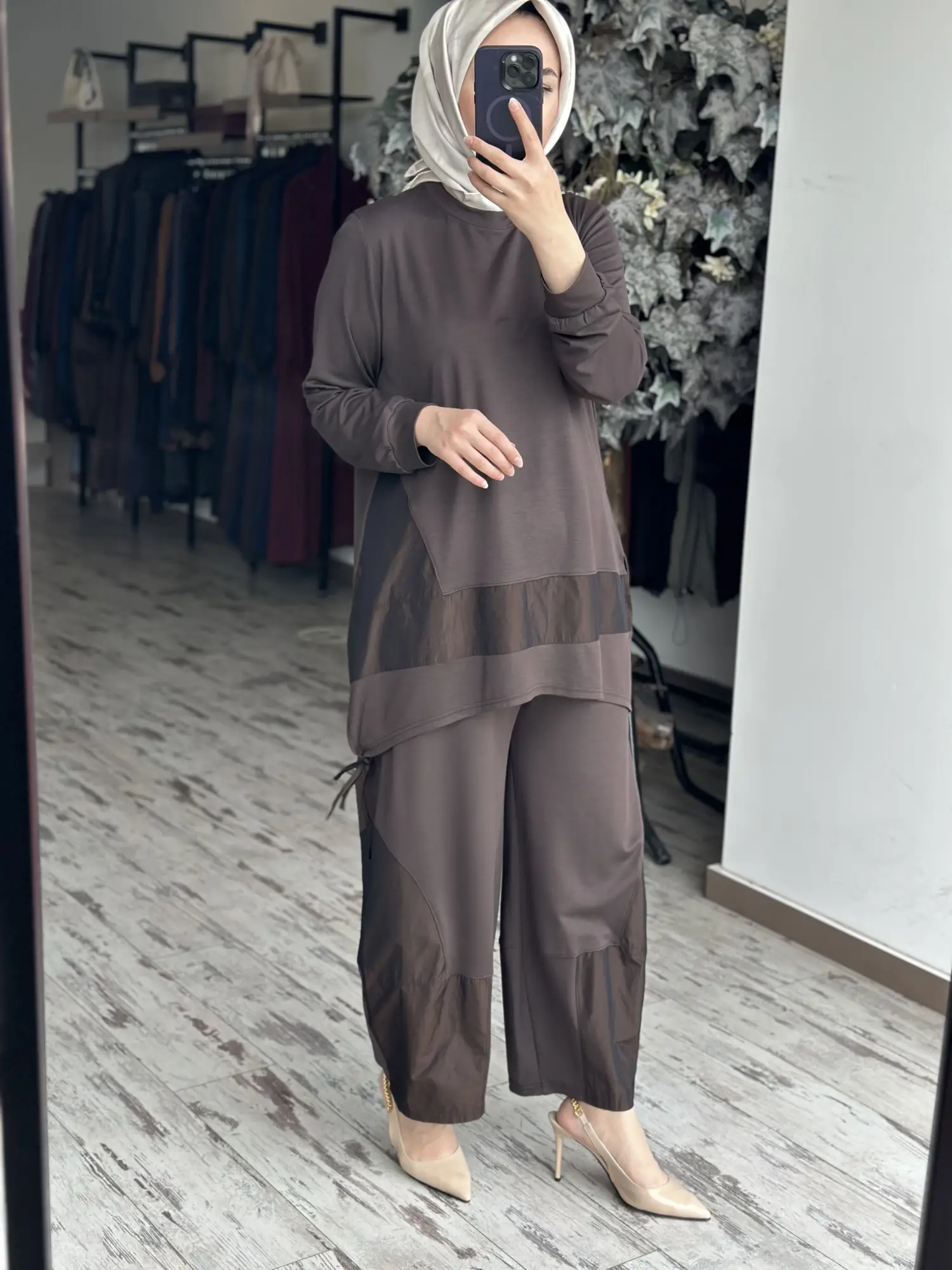 Almarwah Teknik Kumaş Detaylı Modal Penye Tunik Pantolon Takım 202987