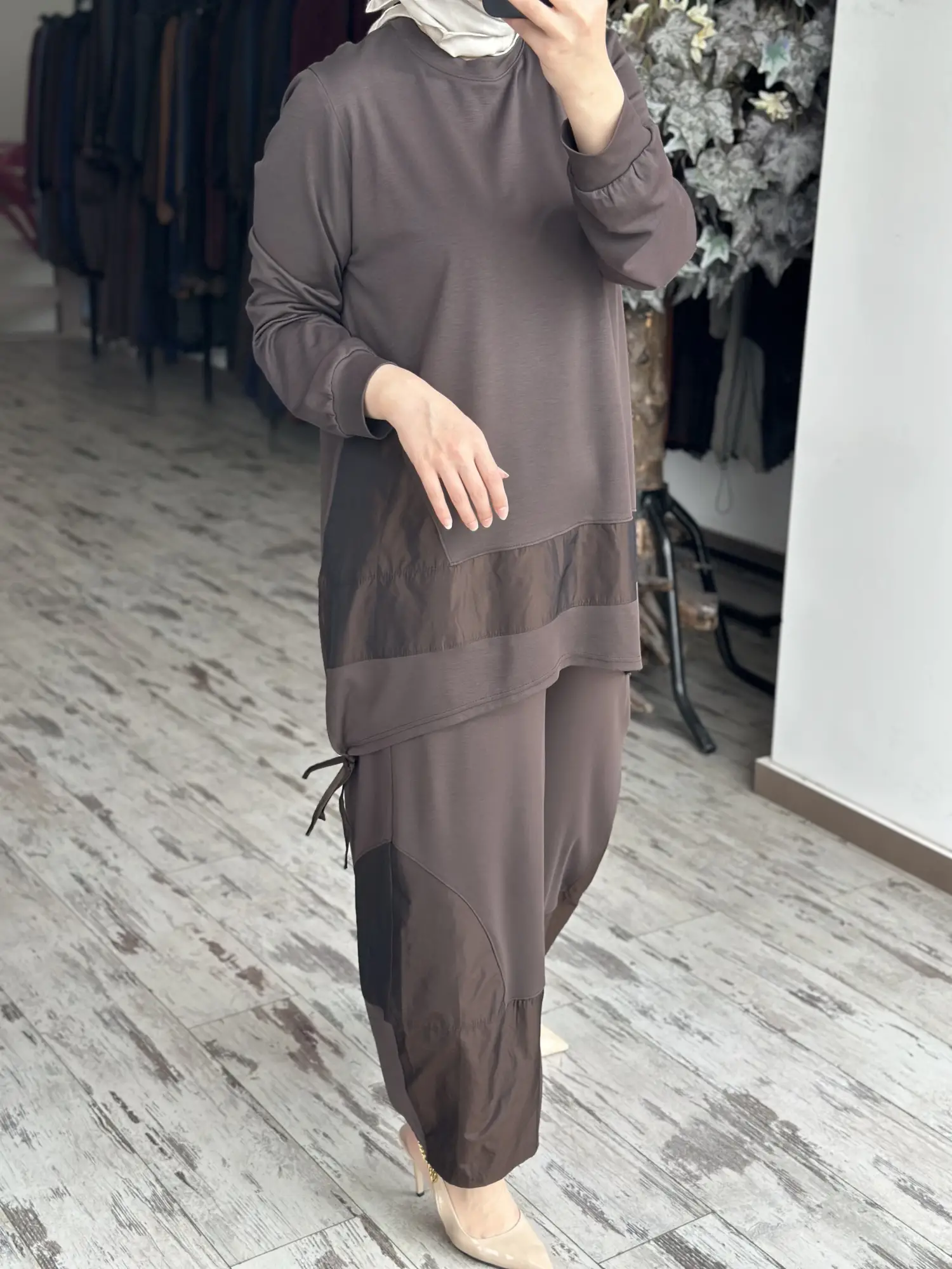 Almarwah Teknik Kumaş Detaylı Modal Penye Tunik Pantolon Takım 202987