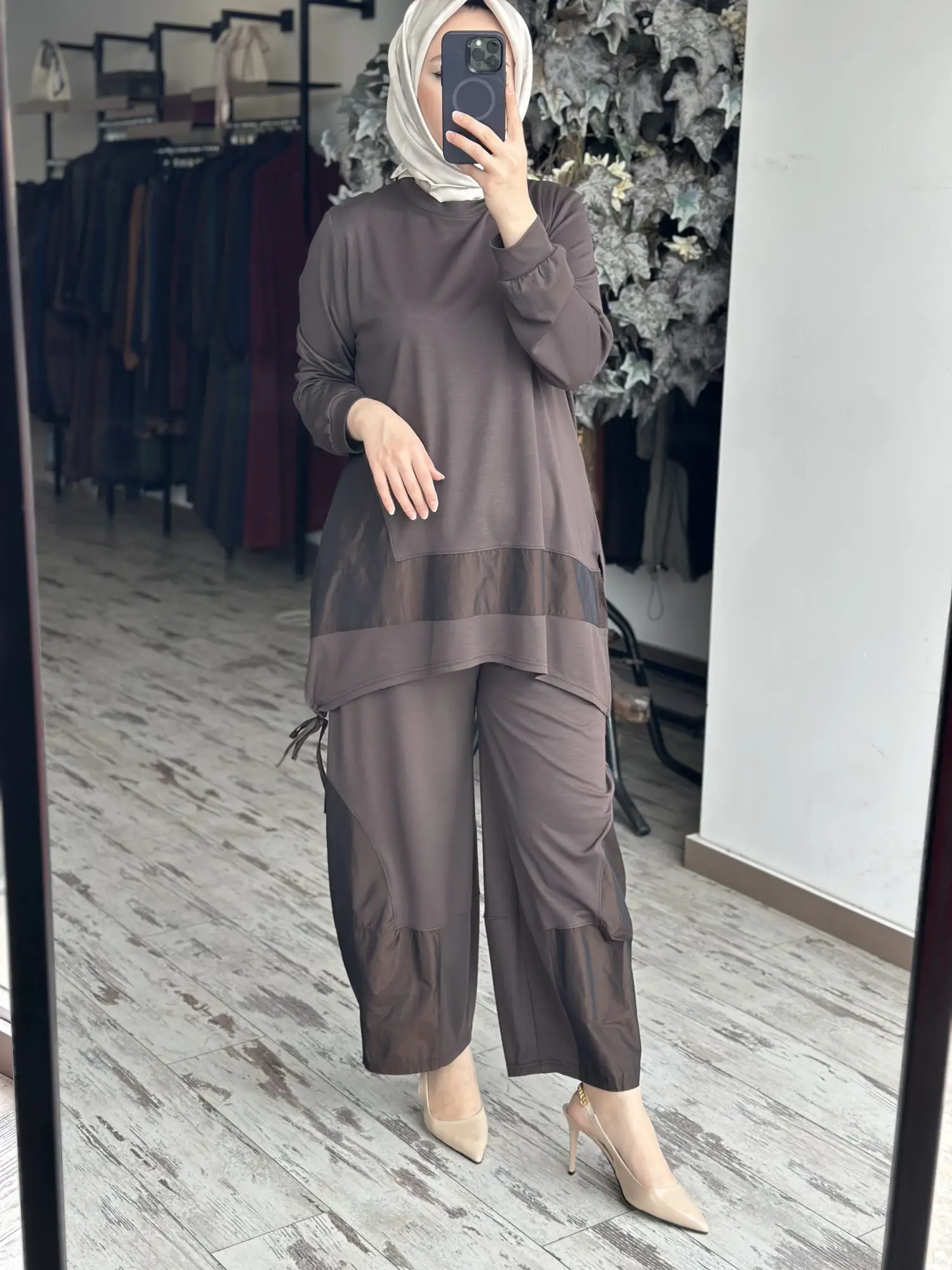 Almarwah Teknik Kumaş Detaylı Modal Penye Tunik Pantolon Takım 202987