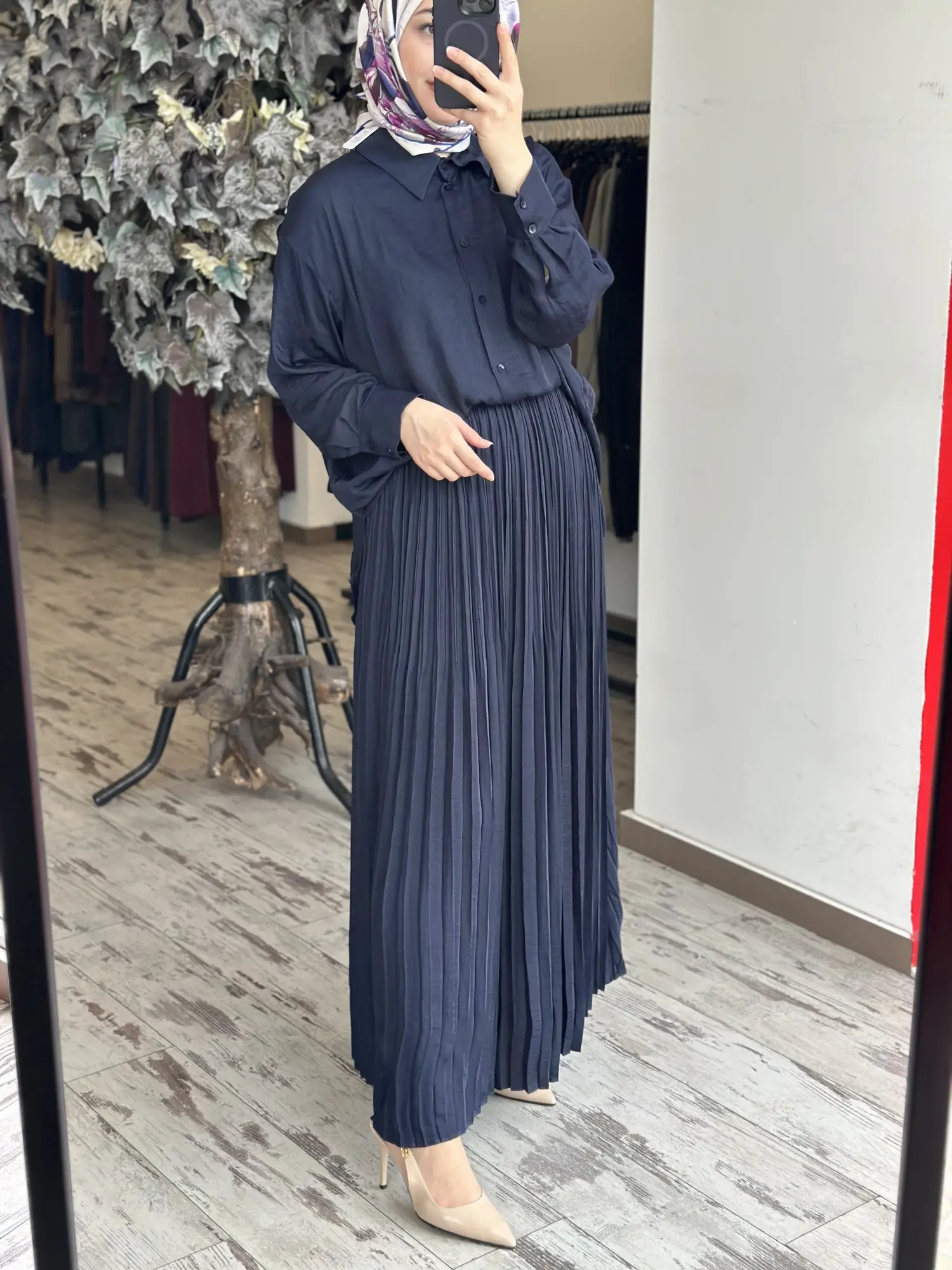 Kahma  Kraş Ve Pliseli Tencel Gömlek Etek Takım