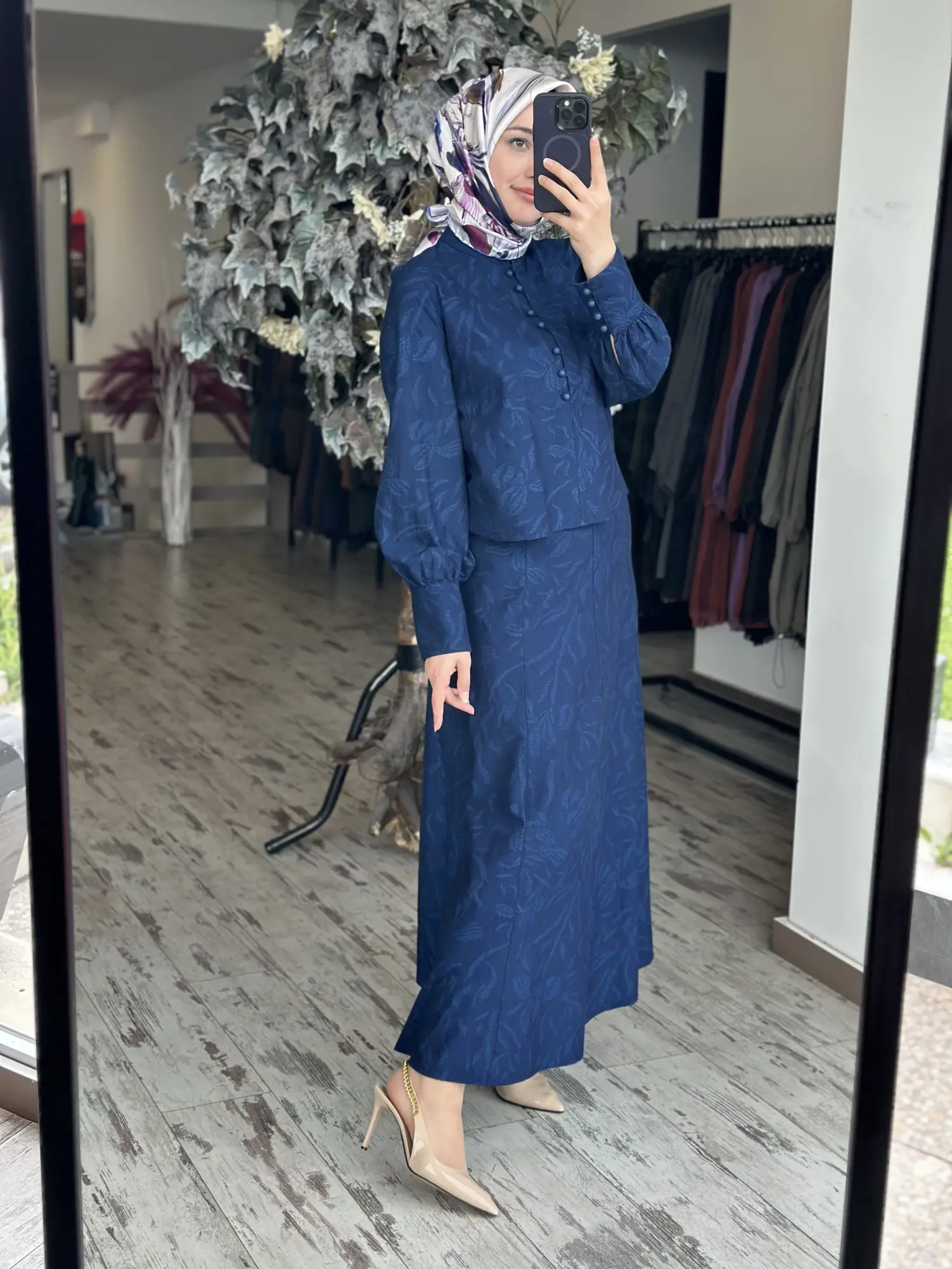 Kayra Kendinden Desenli Britli Tencel Etek Bluz Takım KA16082