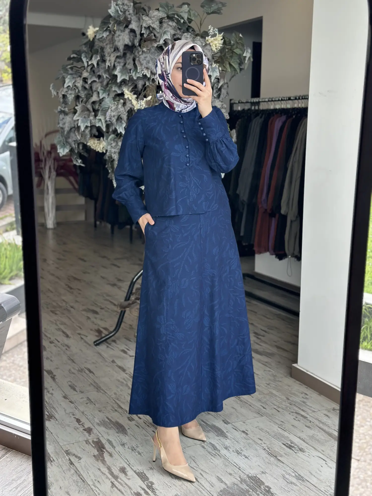 Kayra Kendinden Desenli Britli Tencel Etek Bluz Takım KA16082