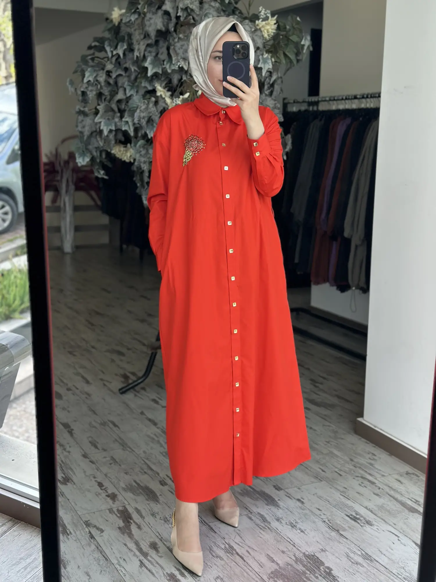 Vuu Yakası Taş Detaylı Pamuk  Elbise 26SS5033