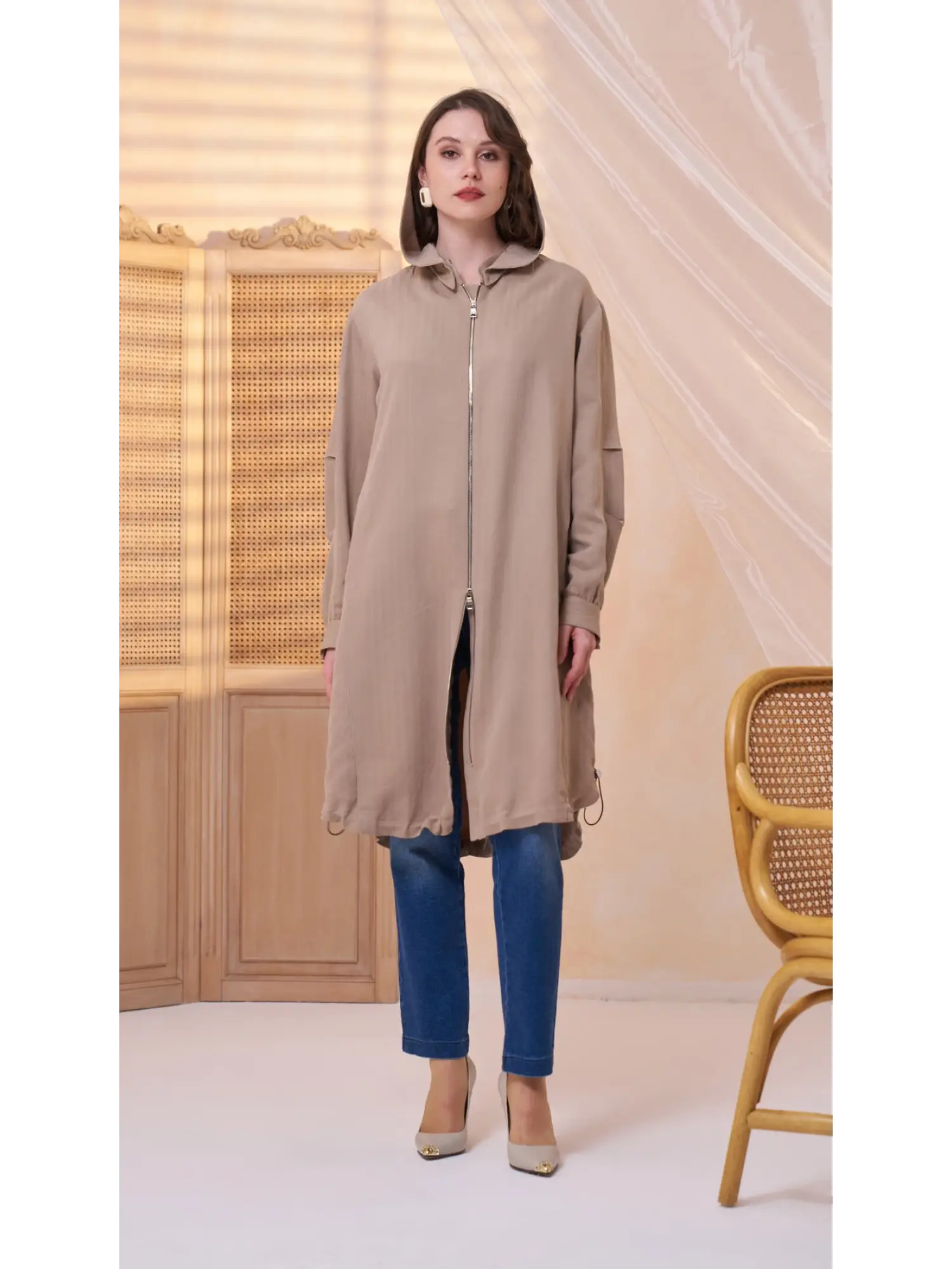 Misswhence Dikiş Detaylı Fermuarlı Kapüşonlu Tencel Kap 39406