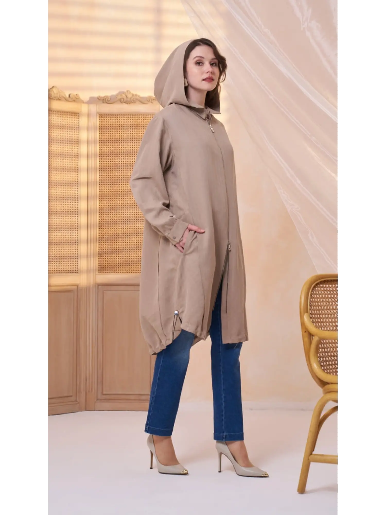 Misswhence Dikiş Detaylı Fermuarlı Kapüşonlu Tencel Kap 39406