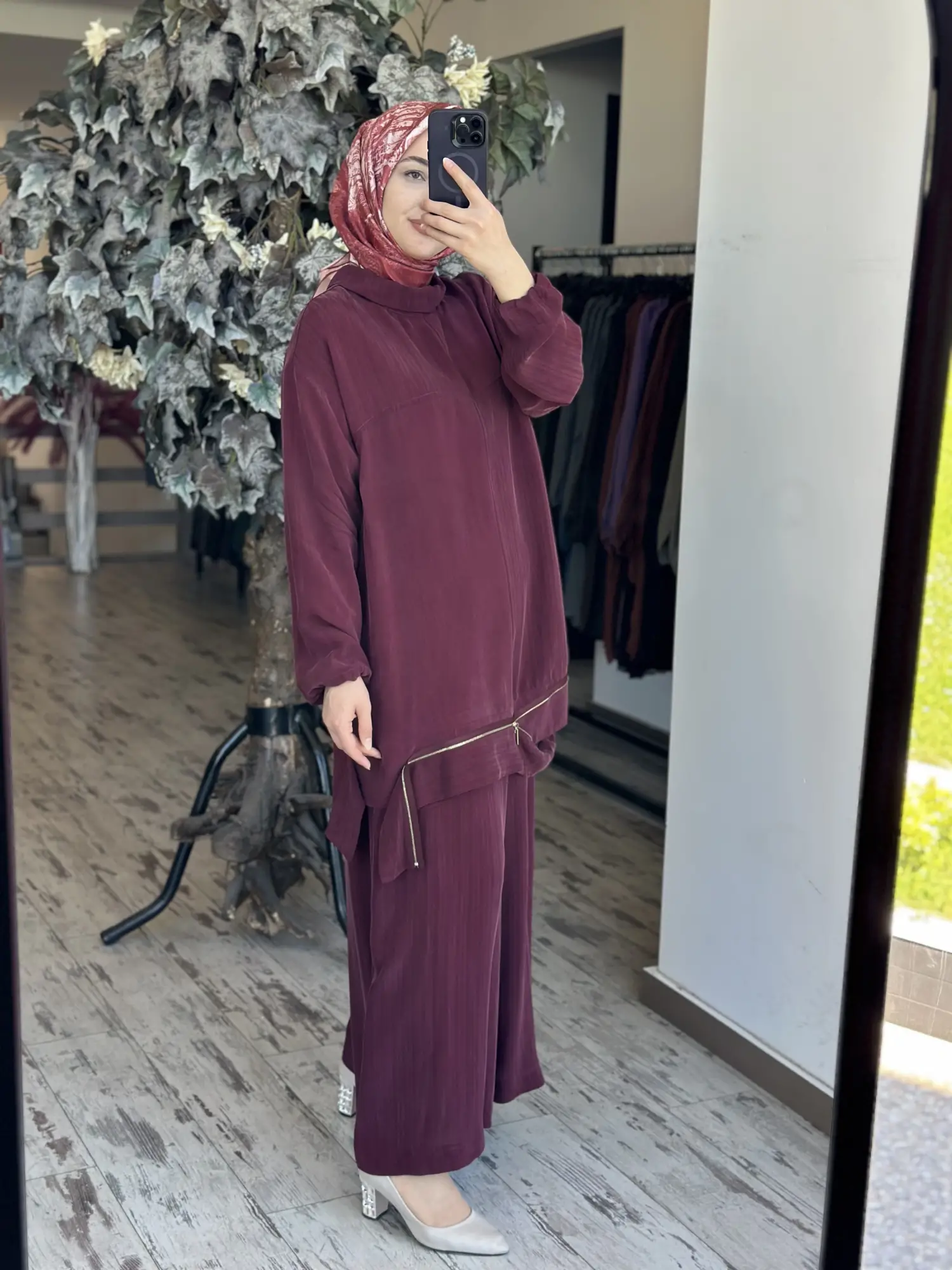 Misswhence Etek Ucu Fermuar Detaylı Çizgi Kombinli Cupra İpek Tunik Pantolon Takım 39009