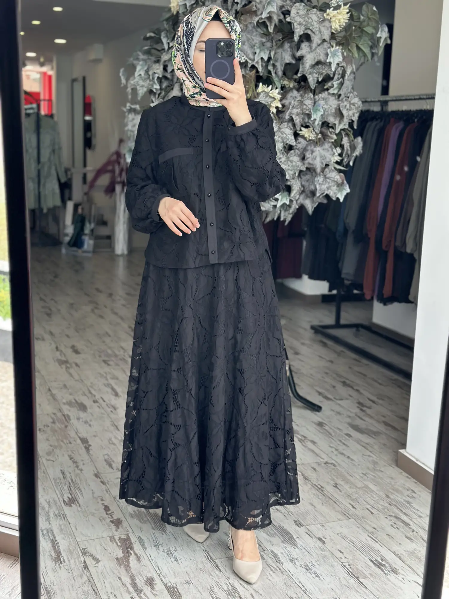 Clande Cep Detaylı Güpür Gömlek Etek Takım