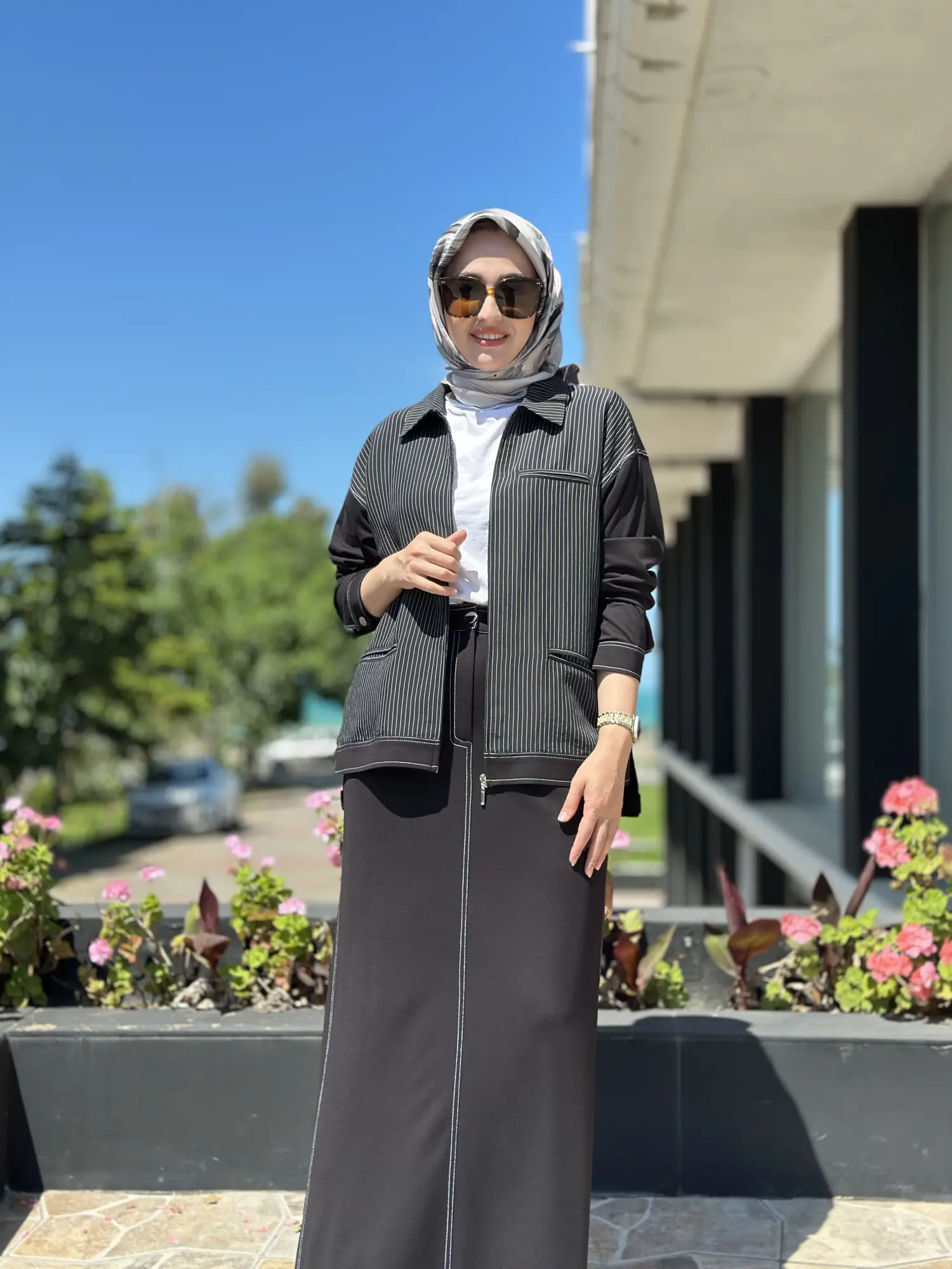 Tığ Triko Çizgi Ve Spor Dikiş Detaylı Etekli Takım  TKM5064
