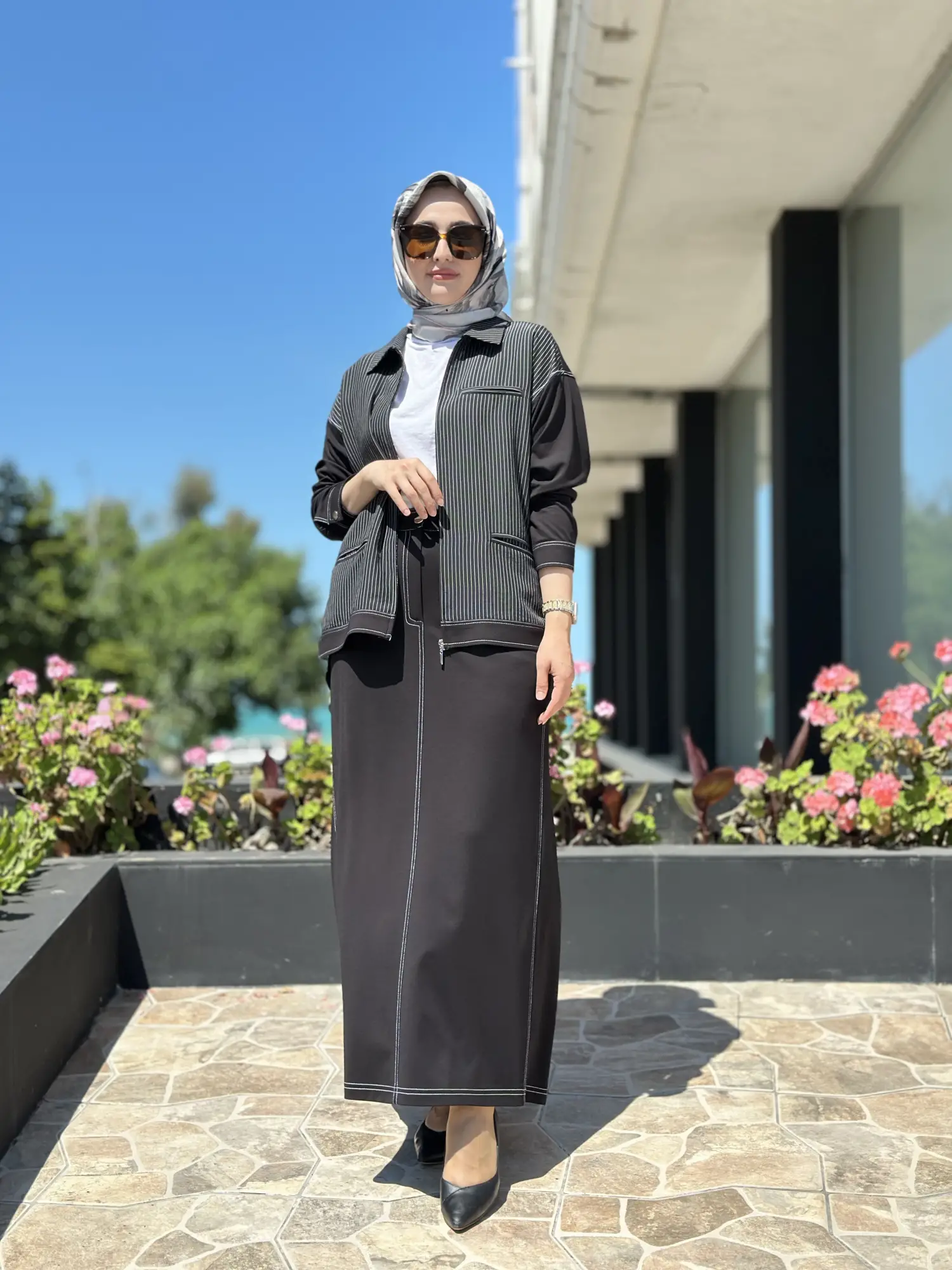 Tığ Triko Çizgi Ve Spor Dikiş Detaylı Etekli Takım  TKM5064