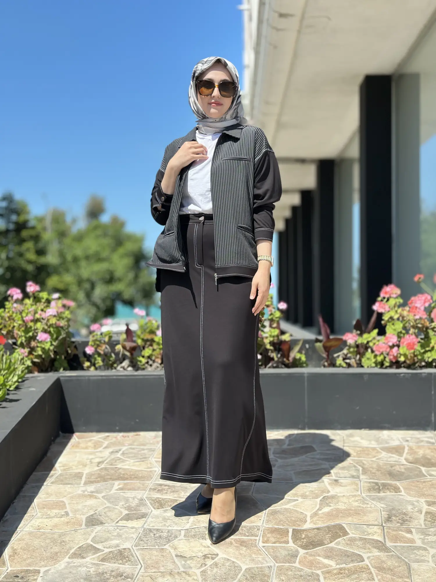 Tığ Triko Çizgi Ve Spor Dikiş Detaylı Etekli Takım  TKM5064
