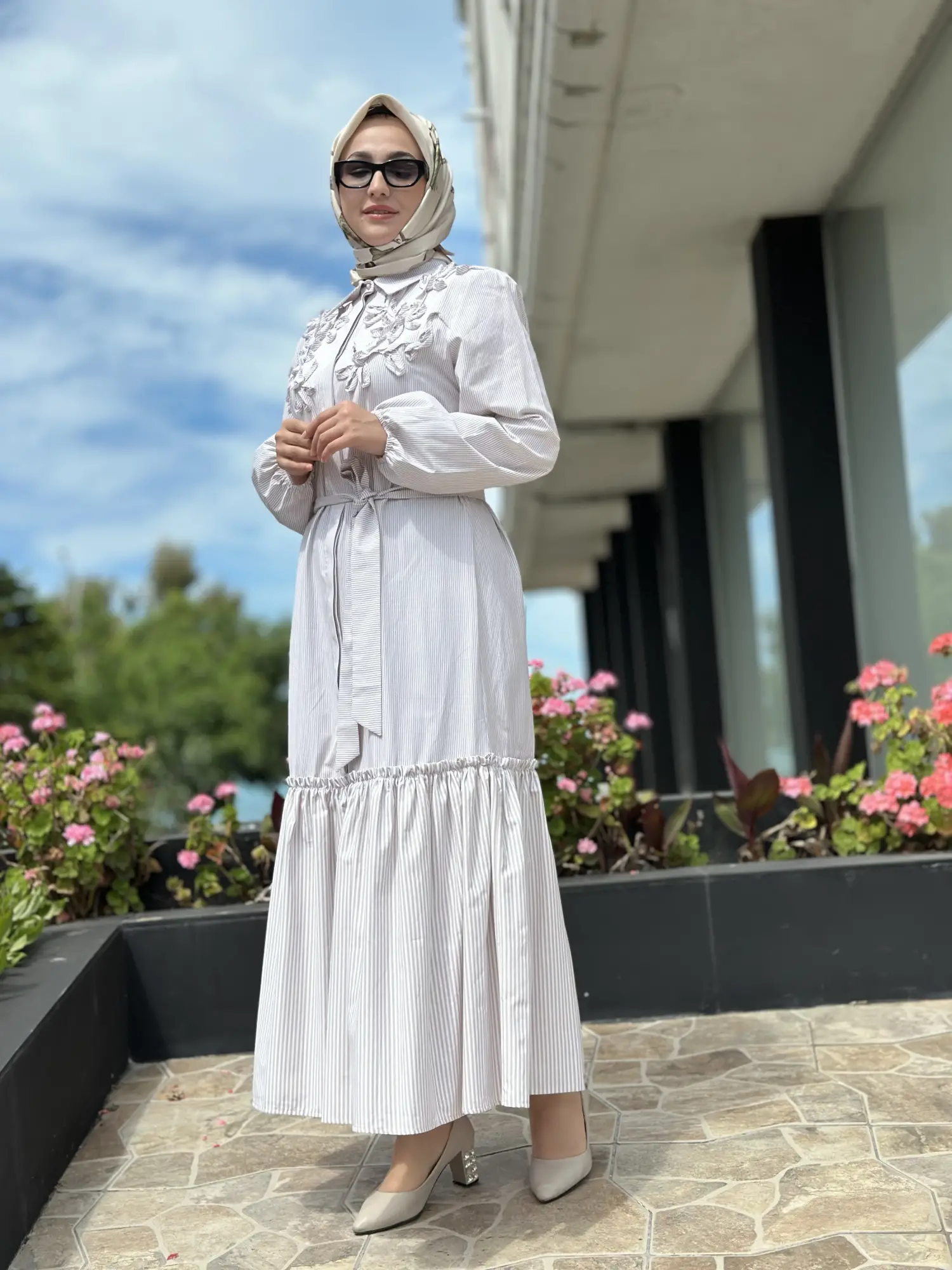 Clande Çizgili Poplin Elbise