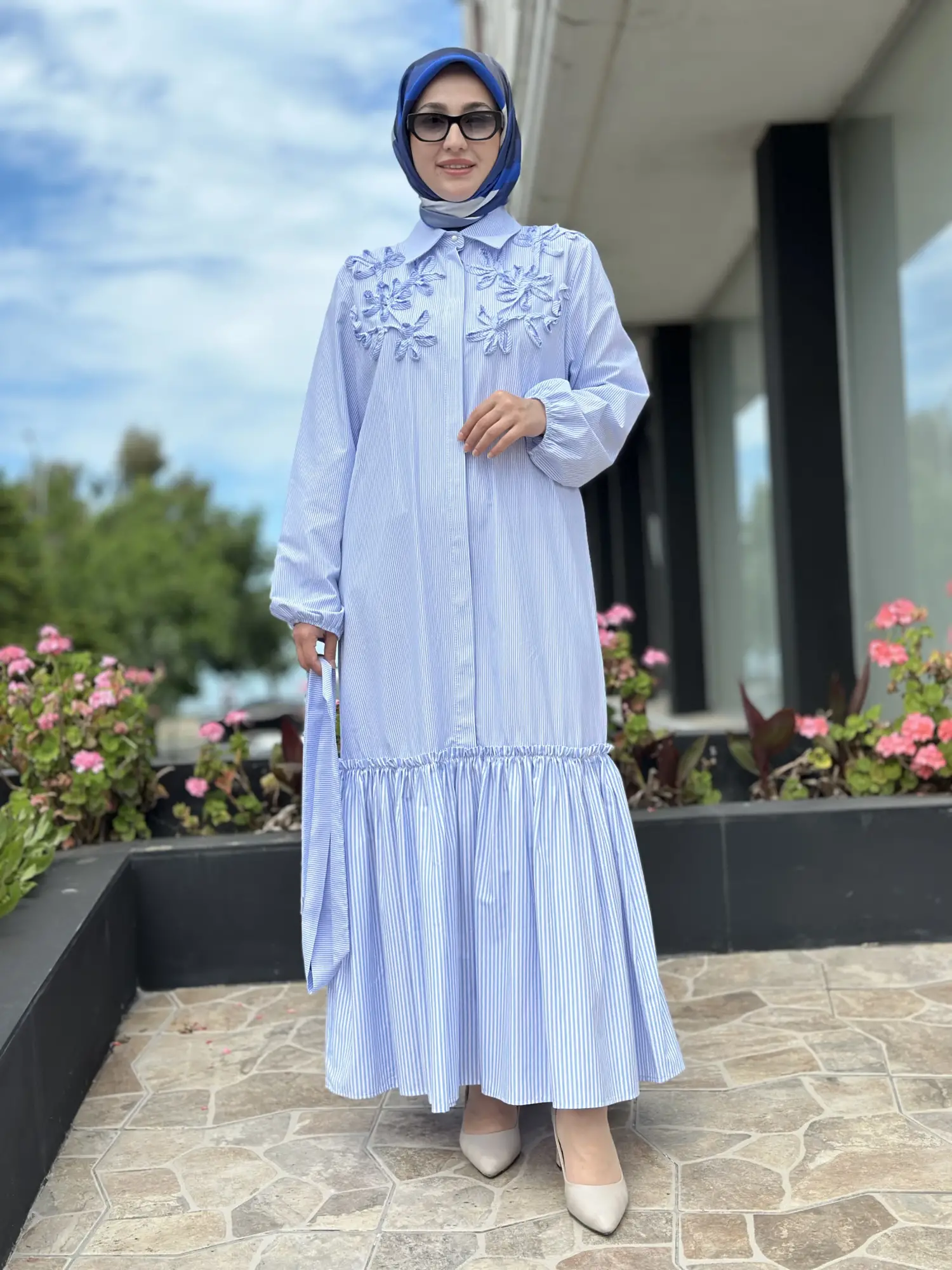 Clande Çizgili Poplin Elbise