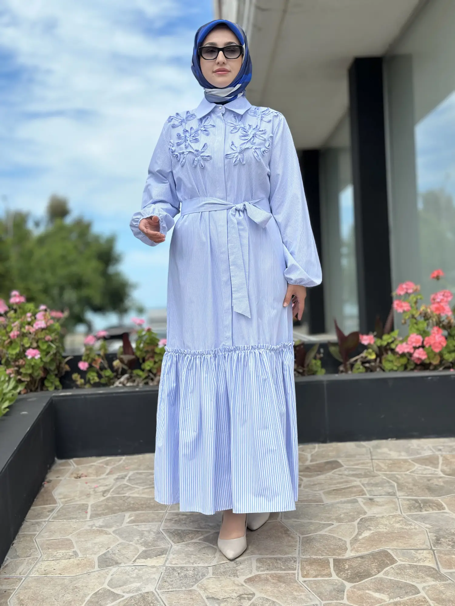 Clande Çizgili Poplin Elbise