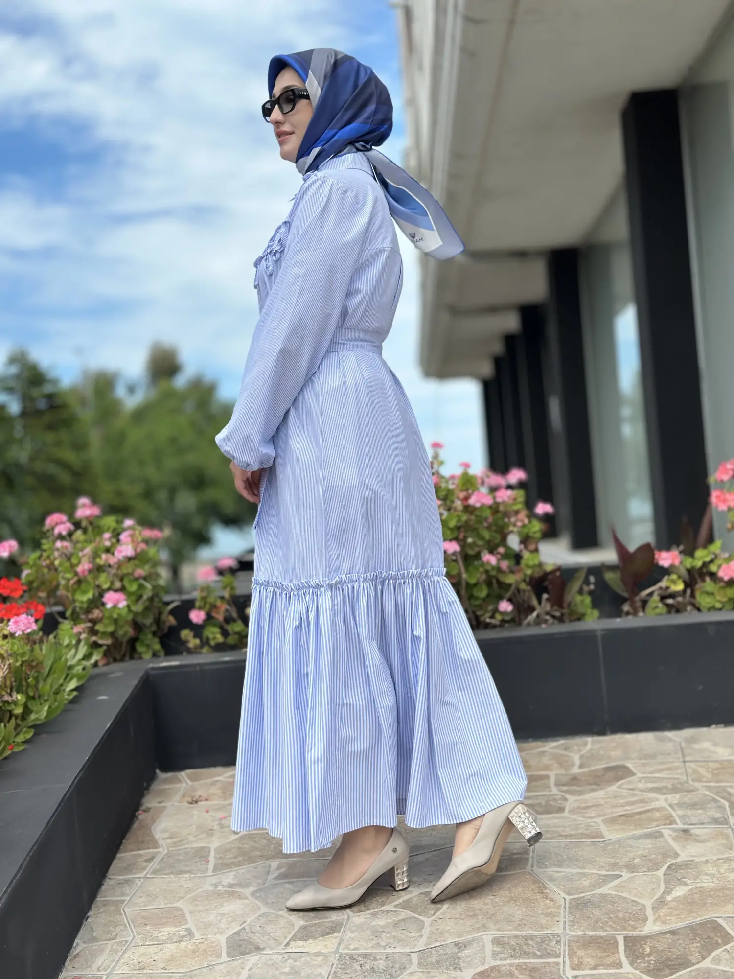 Clande Çizgili Poplin Elbise
