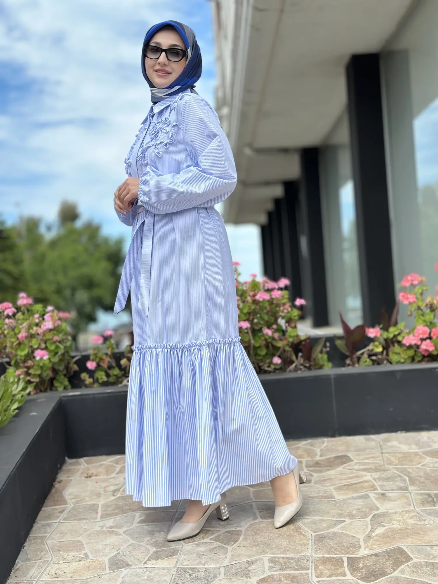 Clande Çizgili Poplin Elbise
