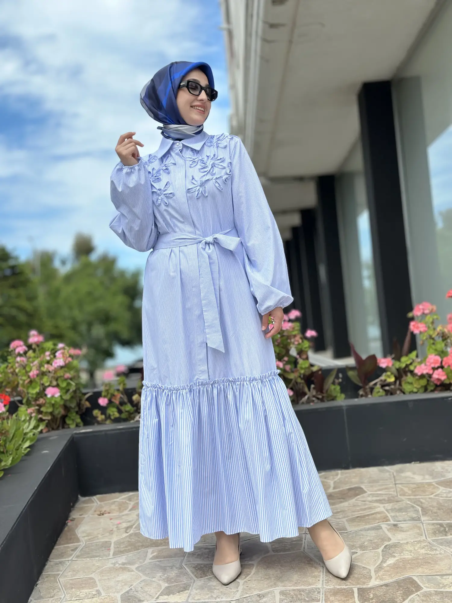 Clande Çizgili Poplin Elbise