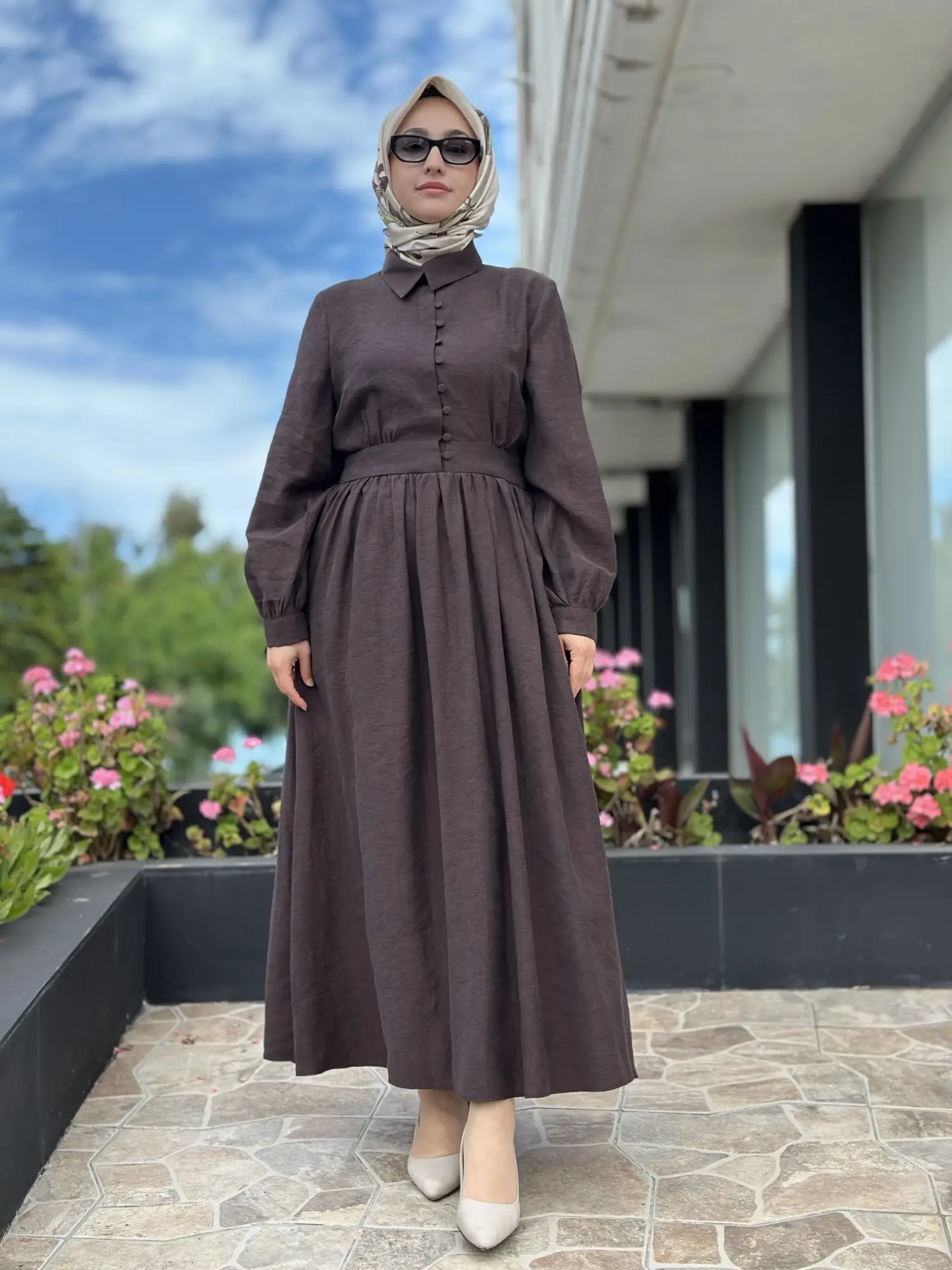 Almarwah Yarım Düğme Detaylı Desenli Tencel Elbise 303912