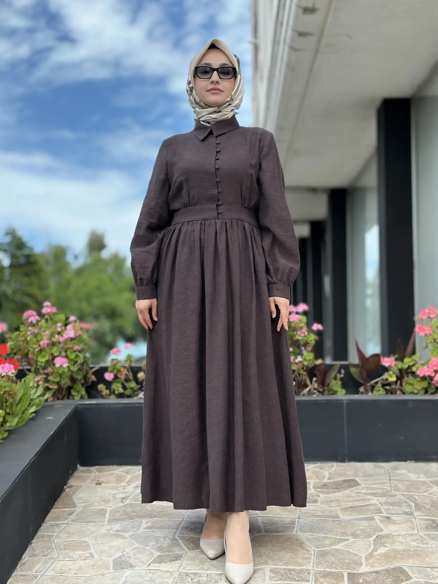 Almarwah Yarım Düğme Detaylı Desenli Tencel Elbise 303912