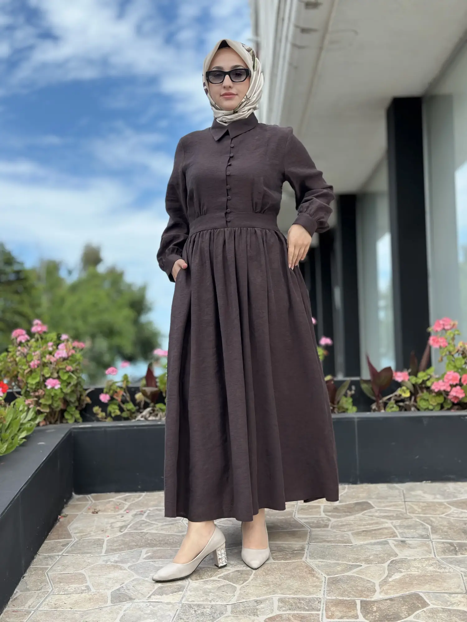 Almarwah Yarım Düğme Detaylı Desenli Tencel Elbise 303912