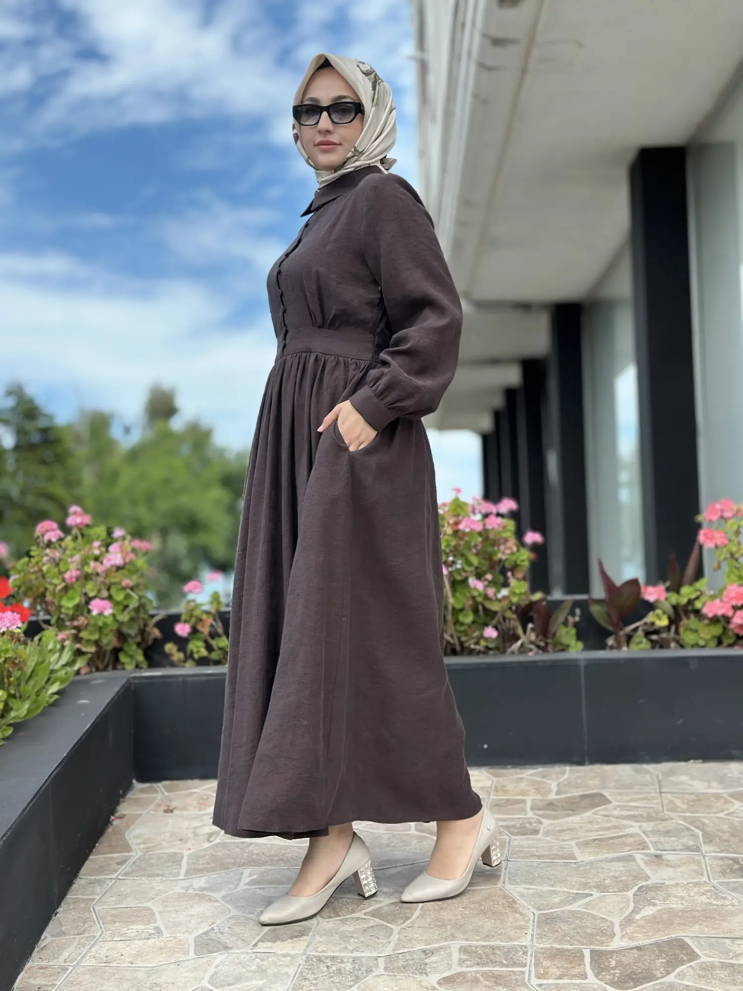 Almarwah Yarım Düğme Detaylı Desenli Tencel Elbise 303912