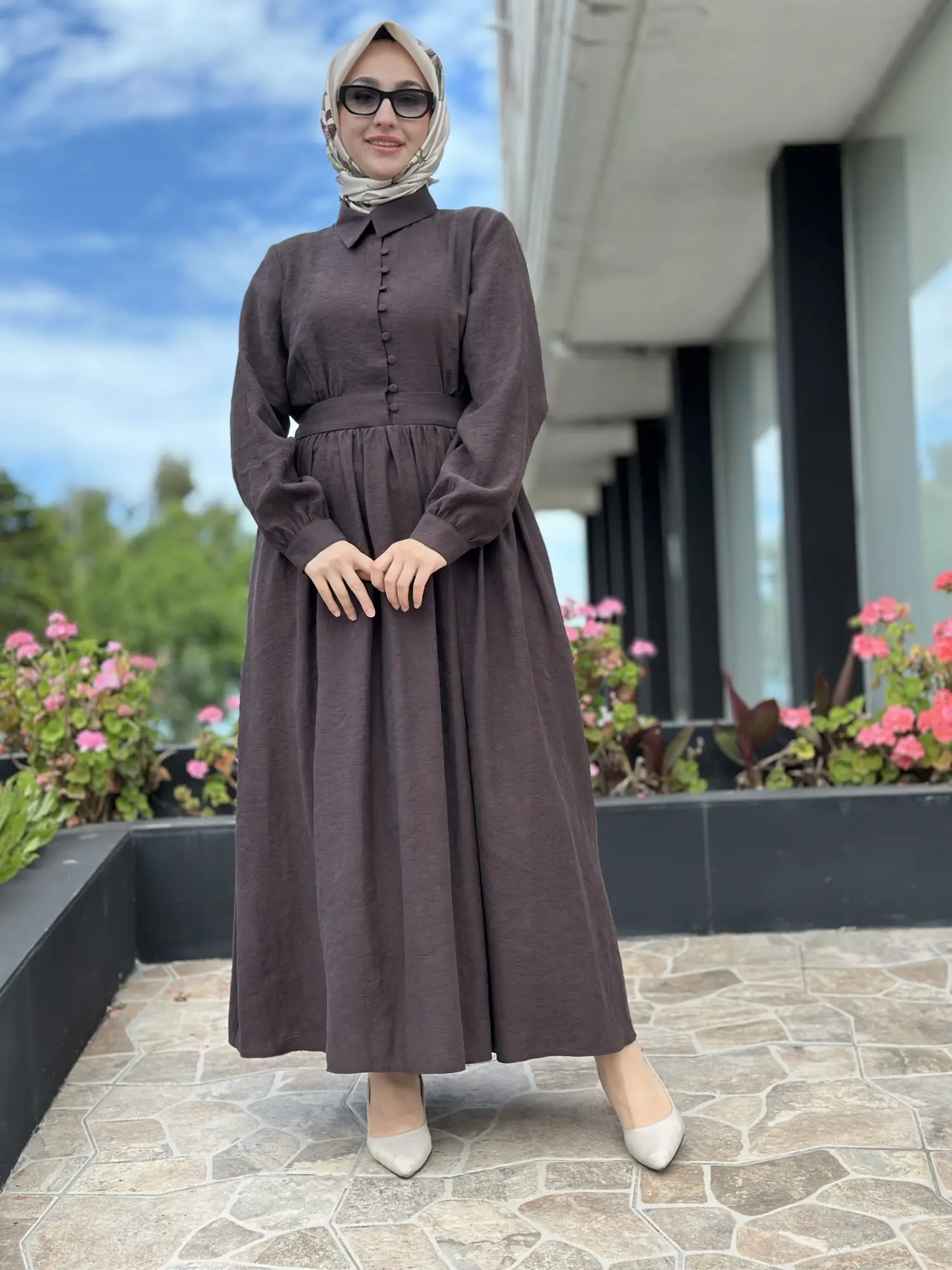 Almarwah Yarım Düğme Detaylı Desenli Tencel Elbise 303912