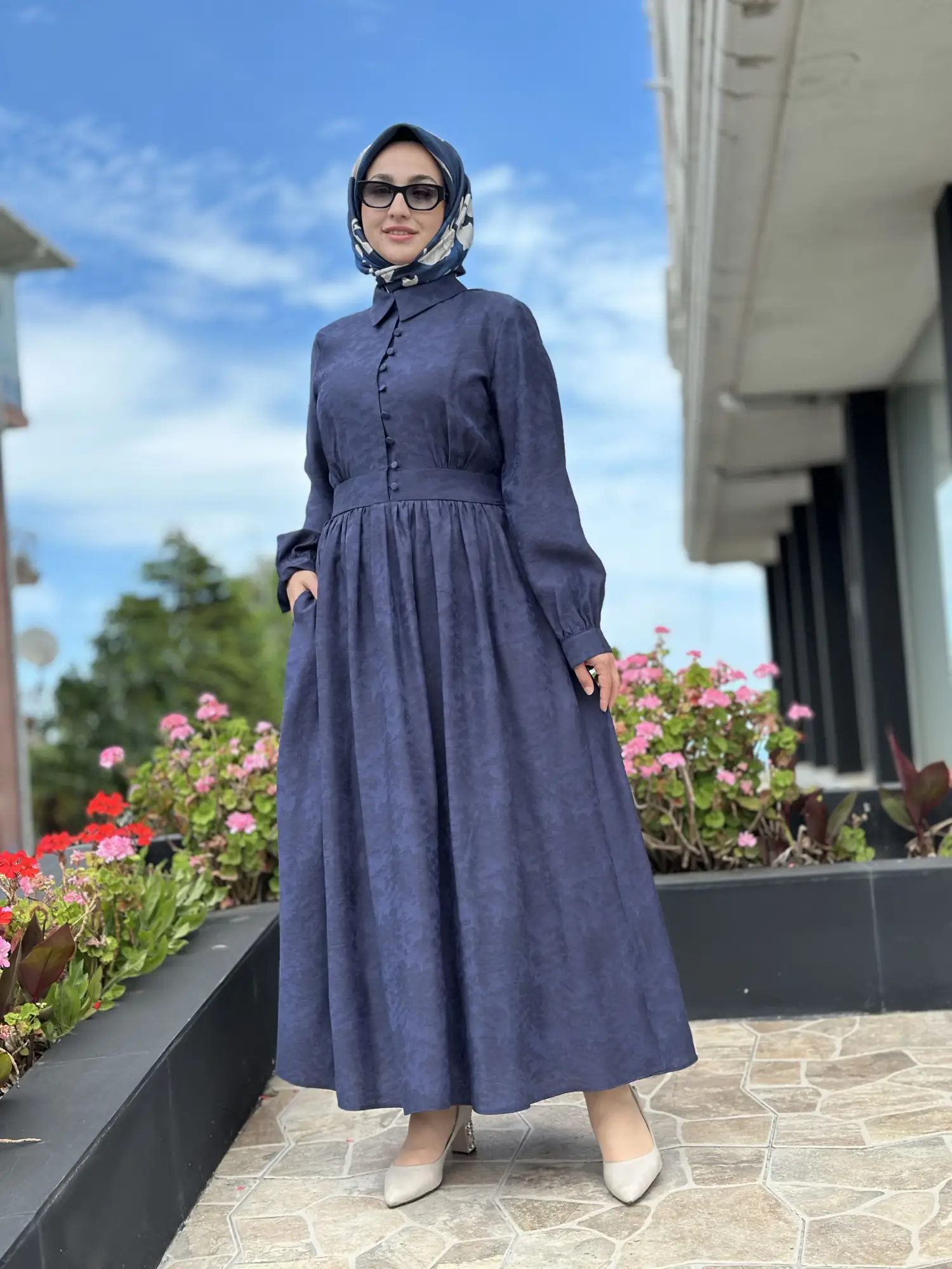 Almarwah Yarım Düğme Detaylı Desenli Tencel Elbise 303912
