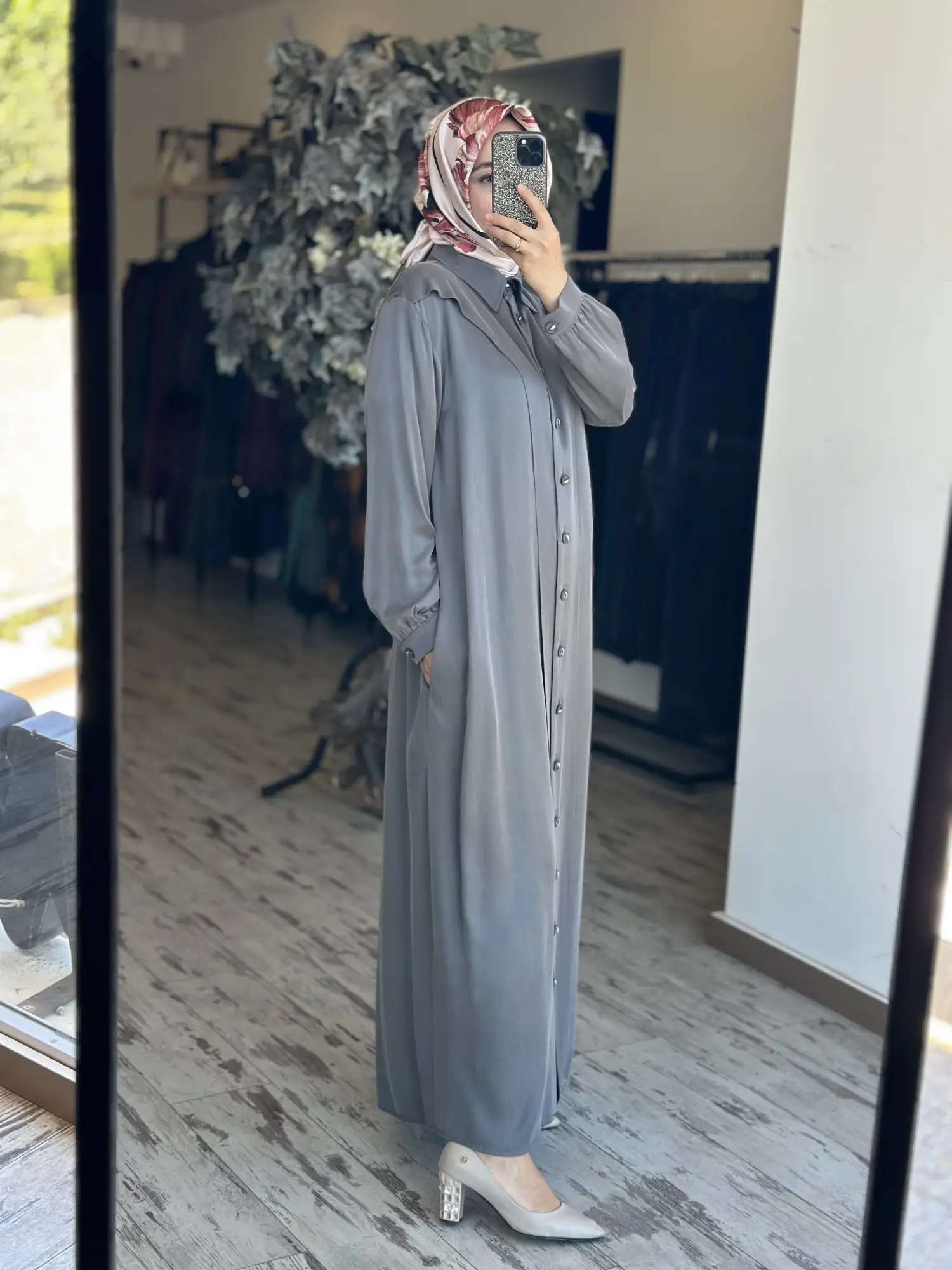 Clande Önü Düğmeli Cepli Cupra İpek Elbise / Ferace