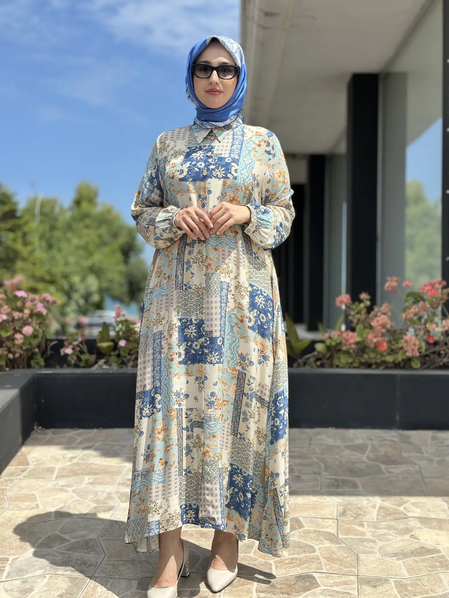 Tığ Triko Soyut Çiçek ve Geometrik Desenli Gömlek Elbise ELB7018
