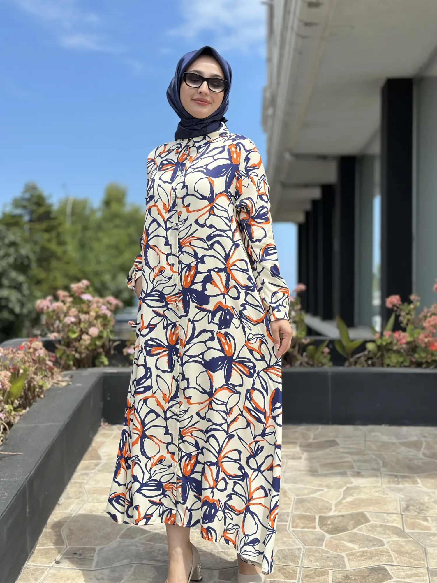Tığ Triko Çizgi Çiçek Desenli Gömlek Elbise ELB7025