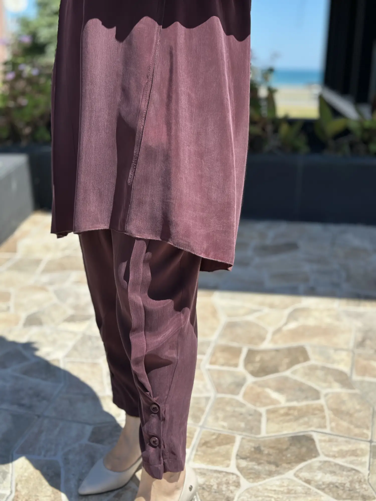 Misswhence Drape Ve Düğme Detaylı Cupra İpek Tunik Pantolon Takım 39012