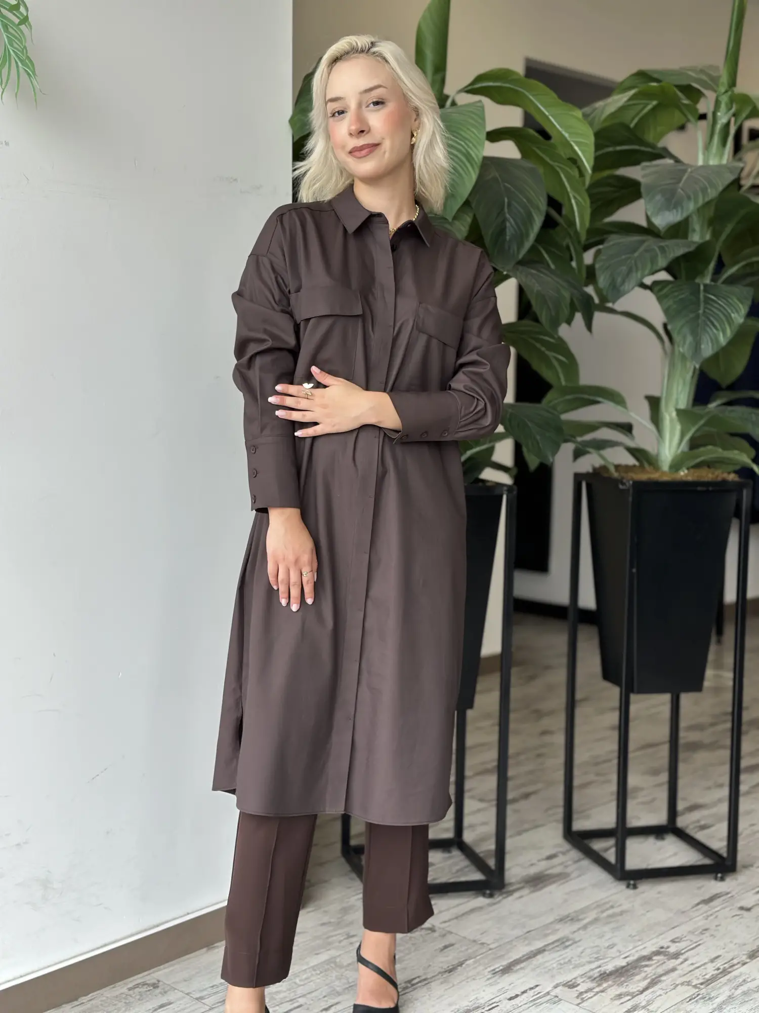 Kayra Cep Detaylı Soft Maxi Gömlek KA81023