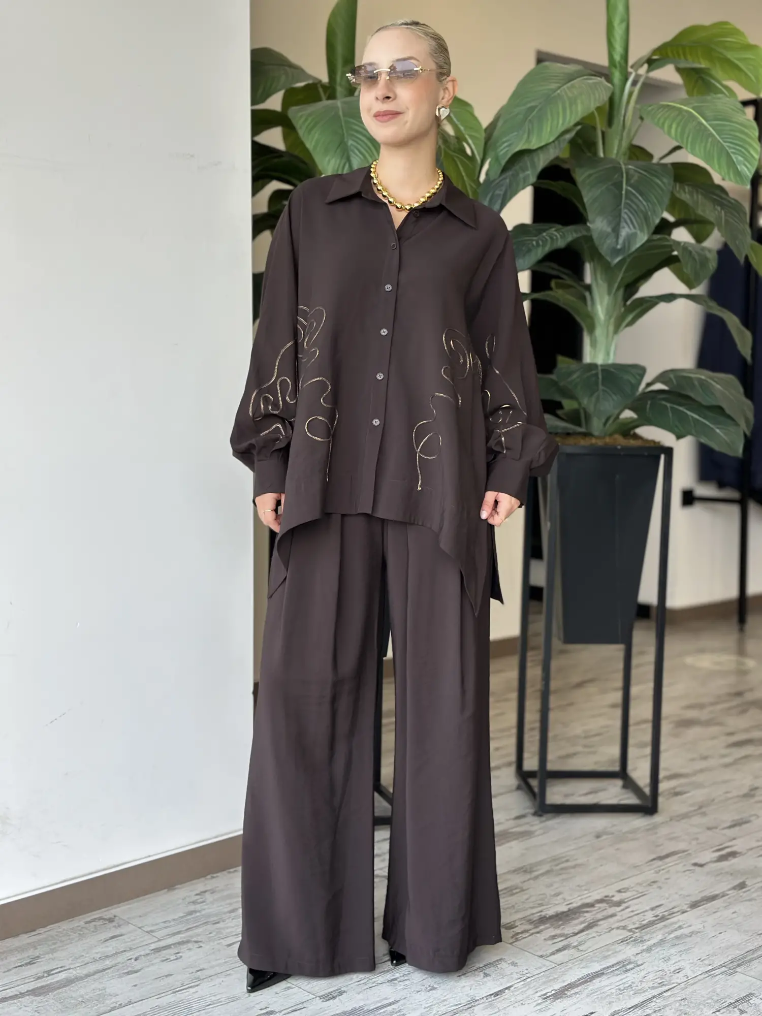 Almarwah İşleme Detaylı Gömlek Pantolon Takım 203102