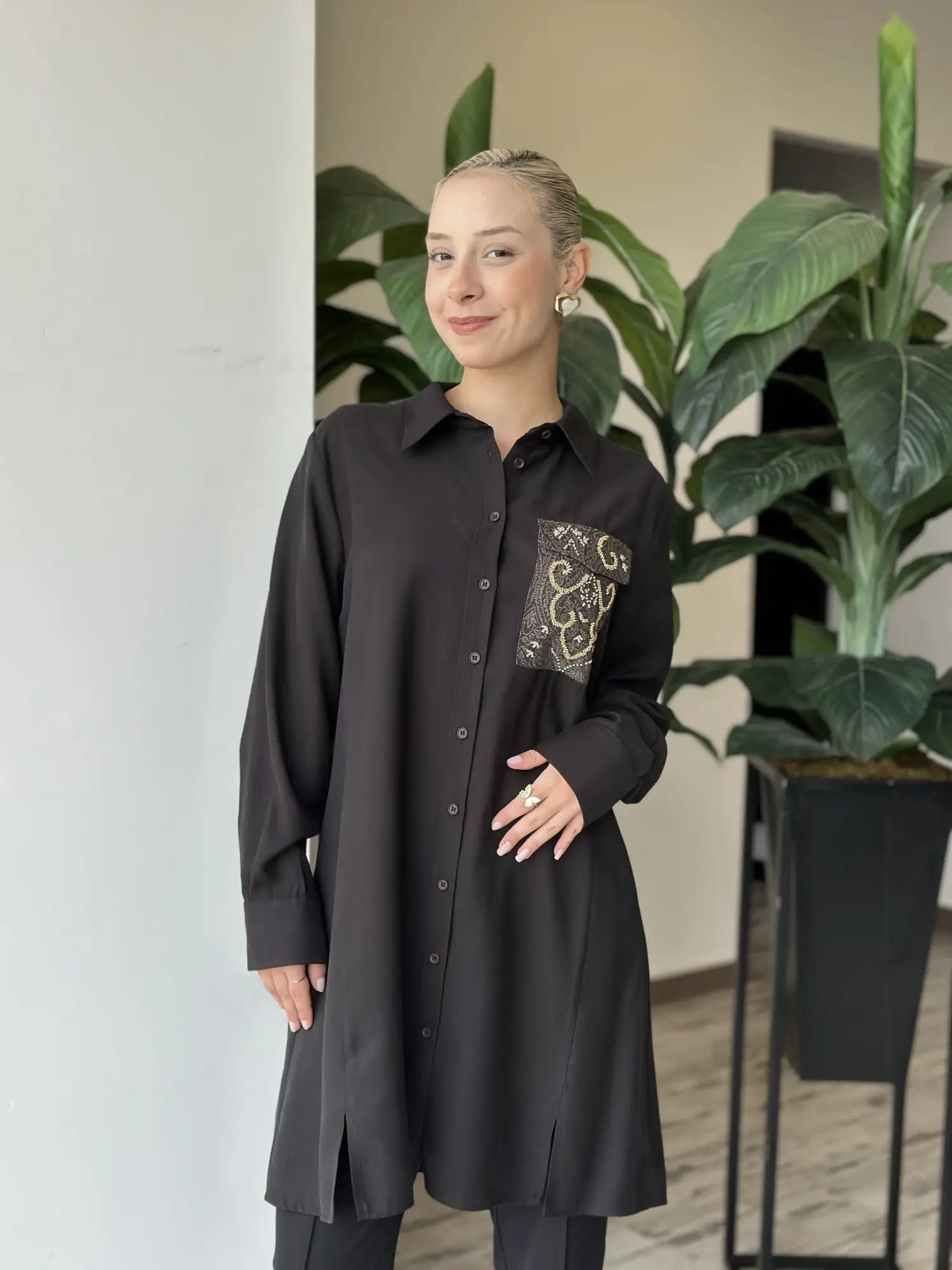 Kayra Boncuk İşlemeli Büyük Beden Rayon Tunik / Gömlek KA21015