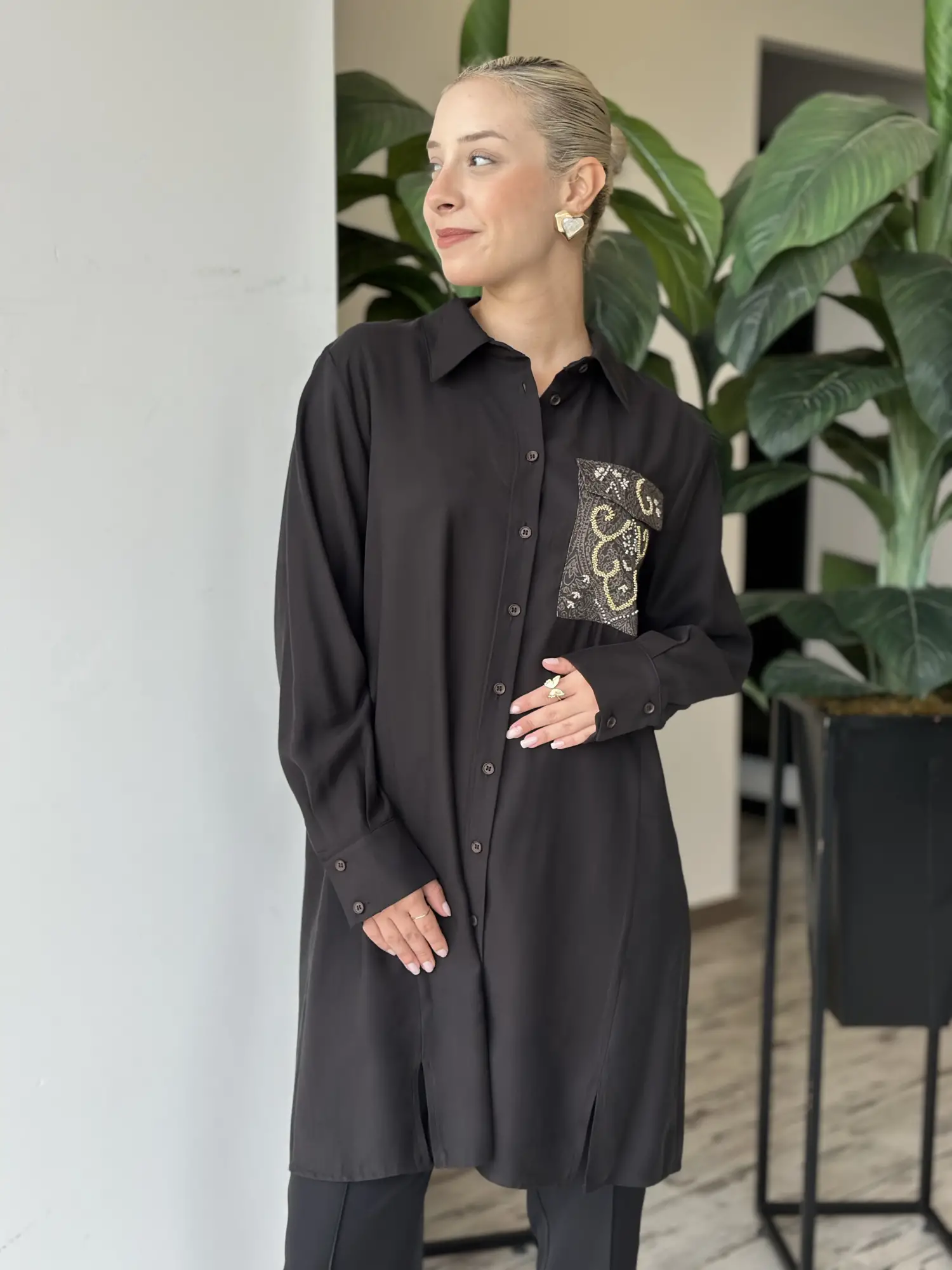Kayra Boncuk İşlemeli Büyük Beden Rayon Tunik / Gömlek KA21015