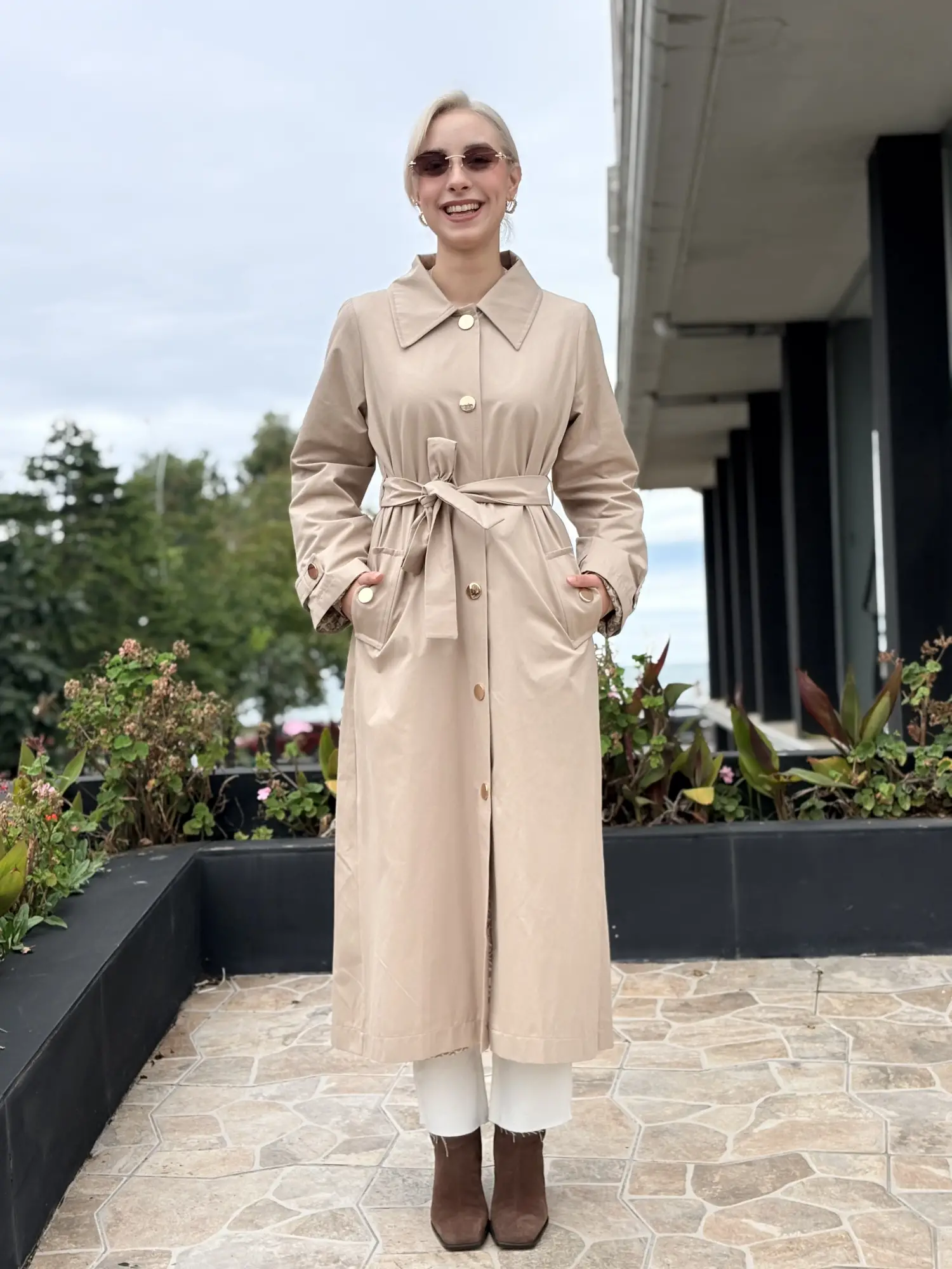 Beiaz Mora Kuşaklı Trenchkot SK271003