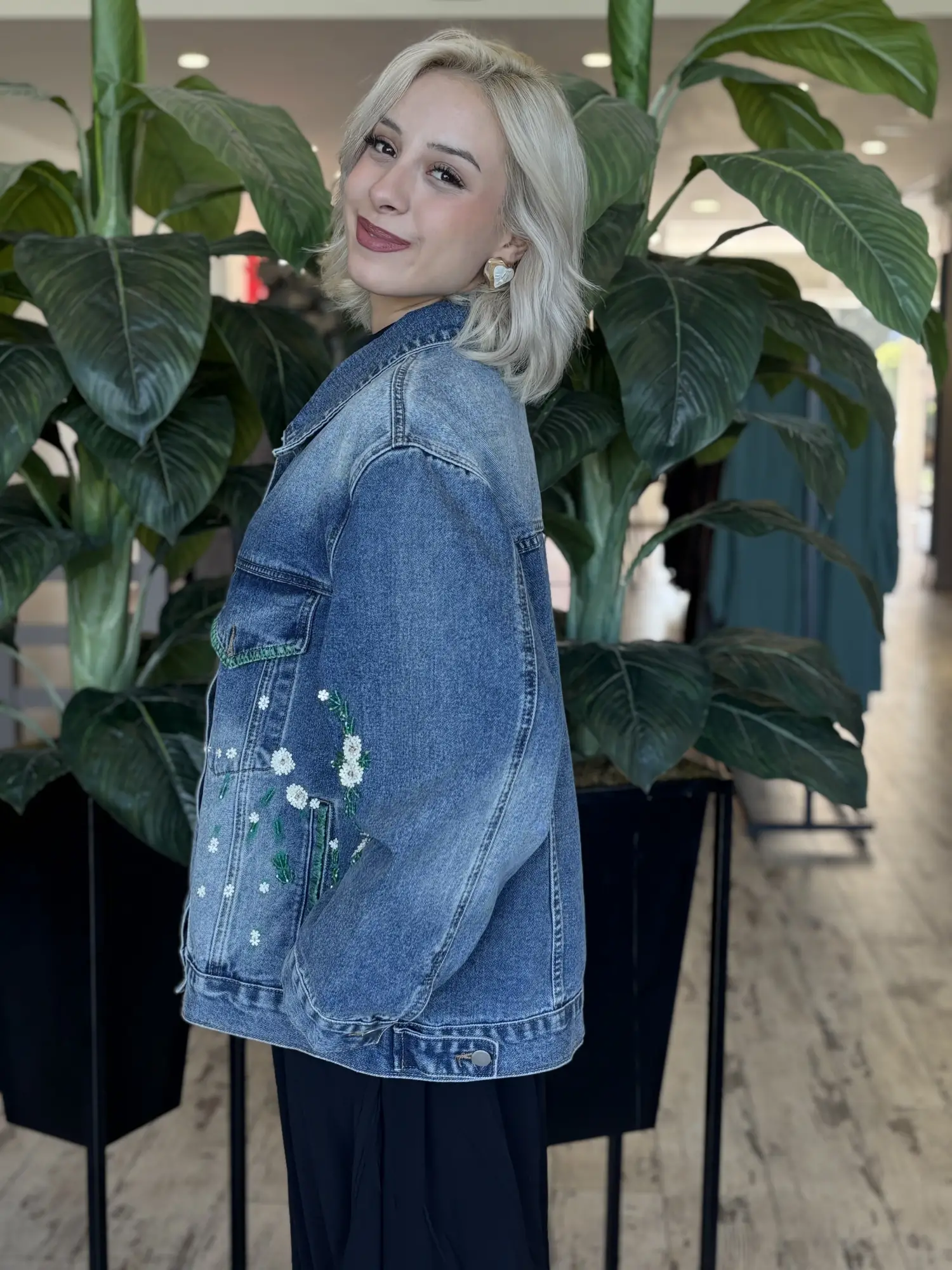 Ghisa Boncuk İşleme Detaylı Yeşil Astarlı Denim Ceket G3438