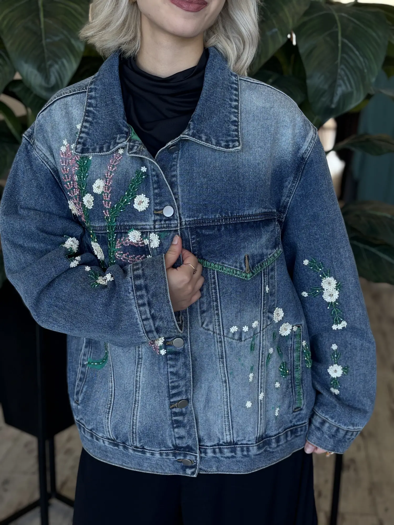 Ghisa Boncuk İşleme Detaylı Yeşil Astarlı Denim Ceket G3438