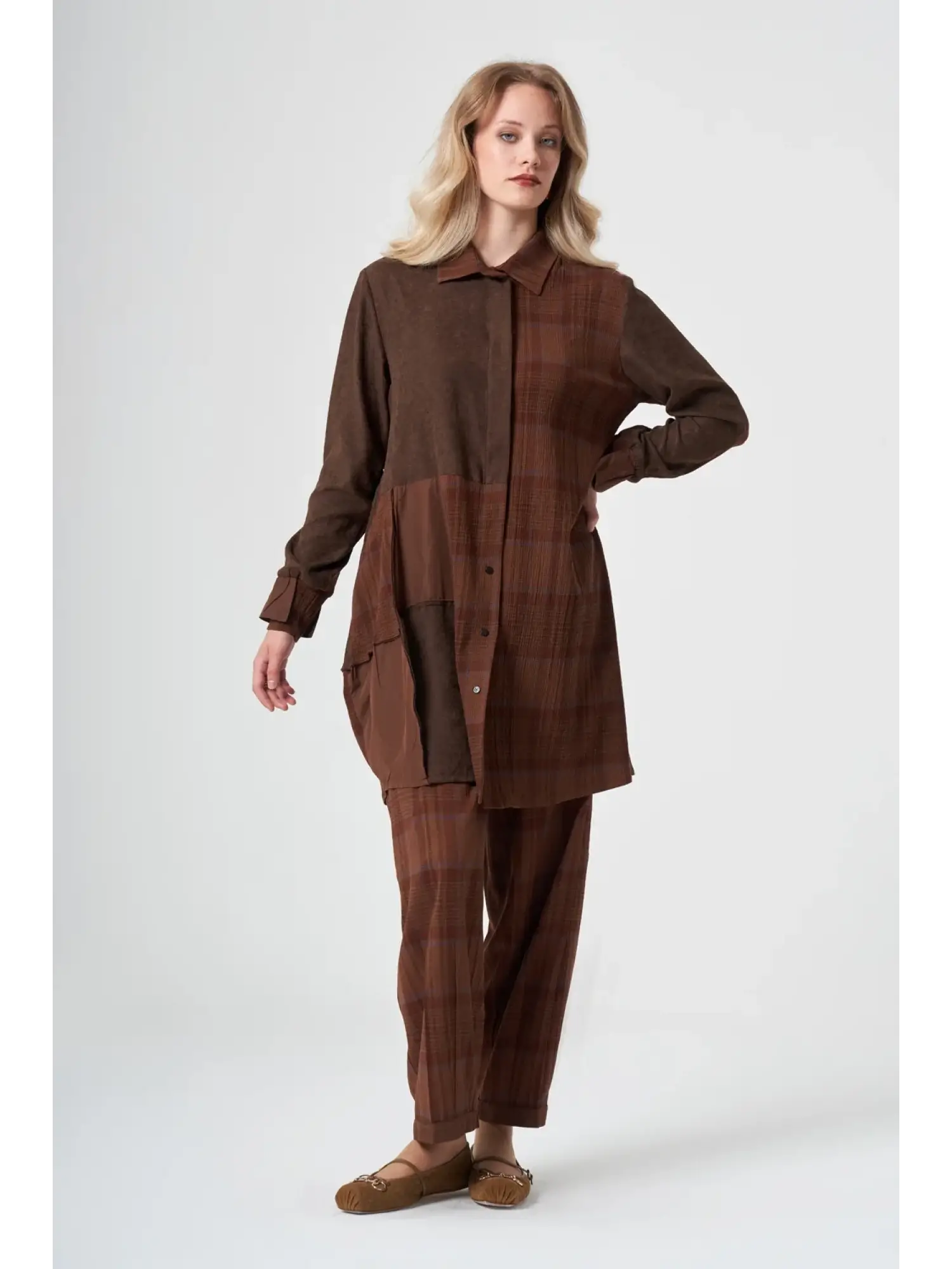 Misswhence Ekose Desenli Kumaş Kombinli Tunik Pantolon Takım 40304